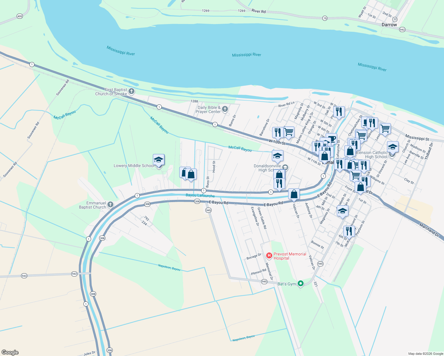 map of restaurants, bars, coffee shops, grocery stores, and more near 124 Market St in Donaldsonville