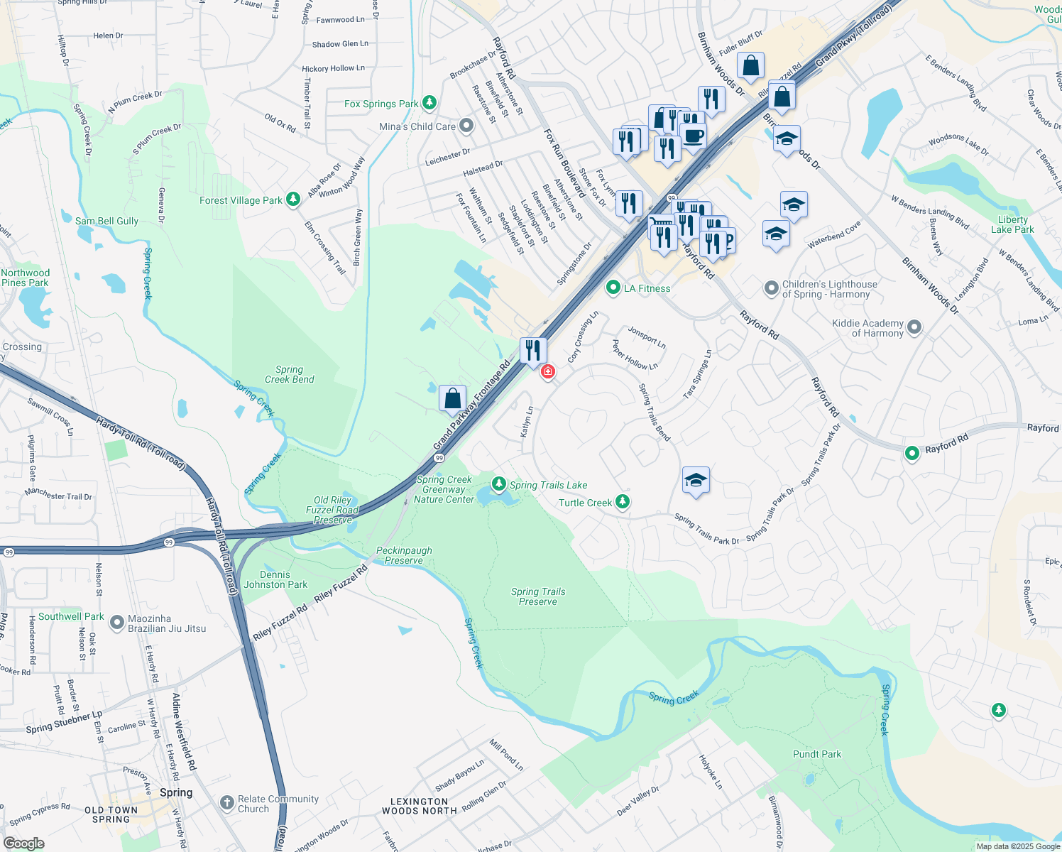 map of restaurants, bars, coffee shops, grocery stores, and more near 1834 Katlyn Lane in Spring