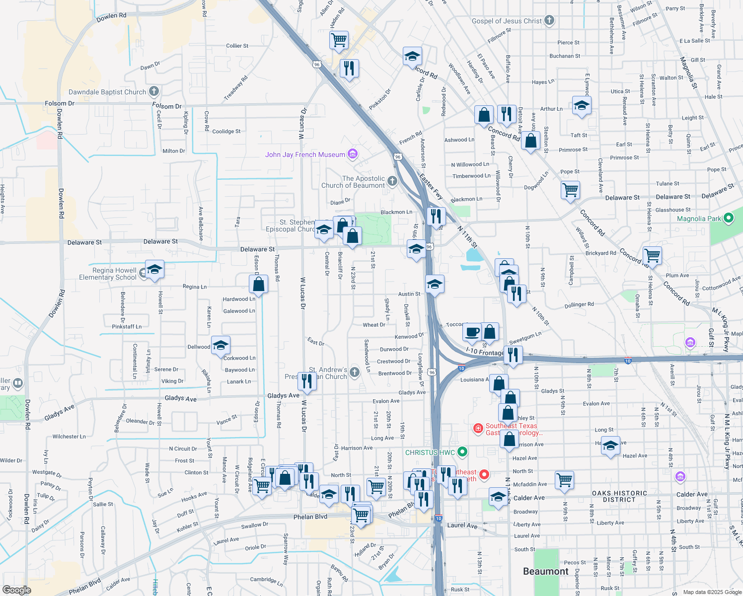 map of restaurants, bars, coffee shops, grocery stores, and more near 2085 21st St in Beaumont