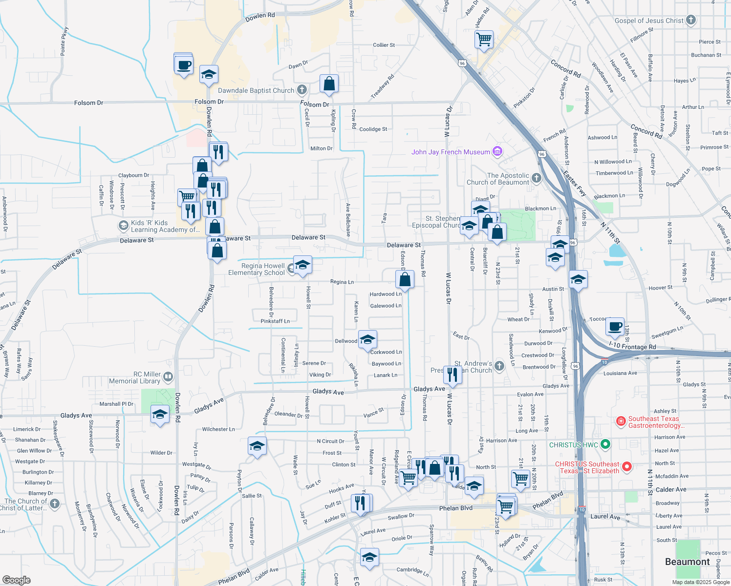 map of restaurants, bars, coffee shops, grocery stores, and more near 1995 Carson Dr in Beaumont