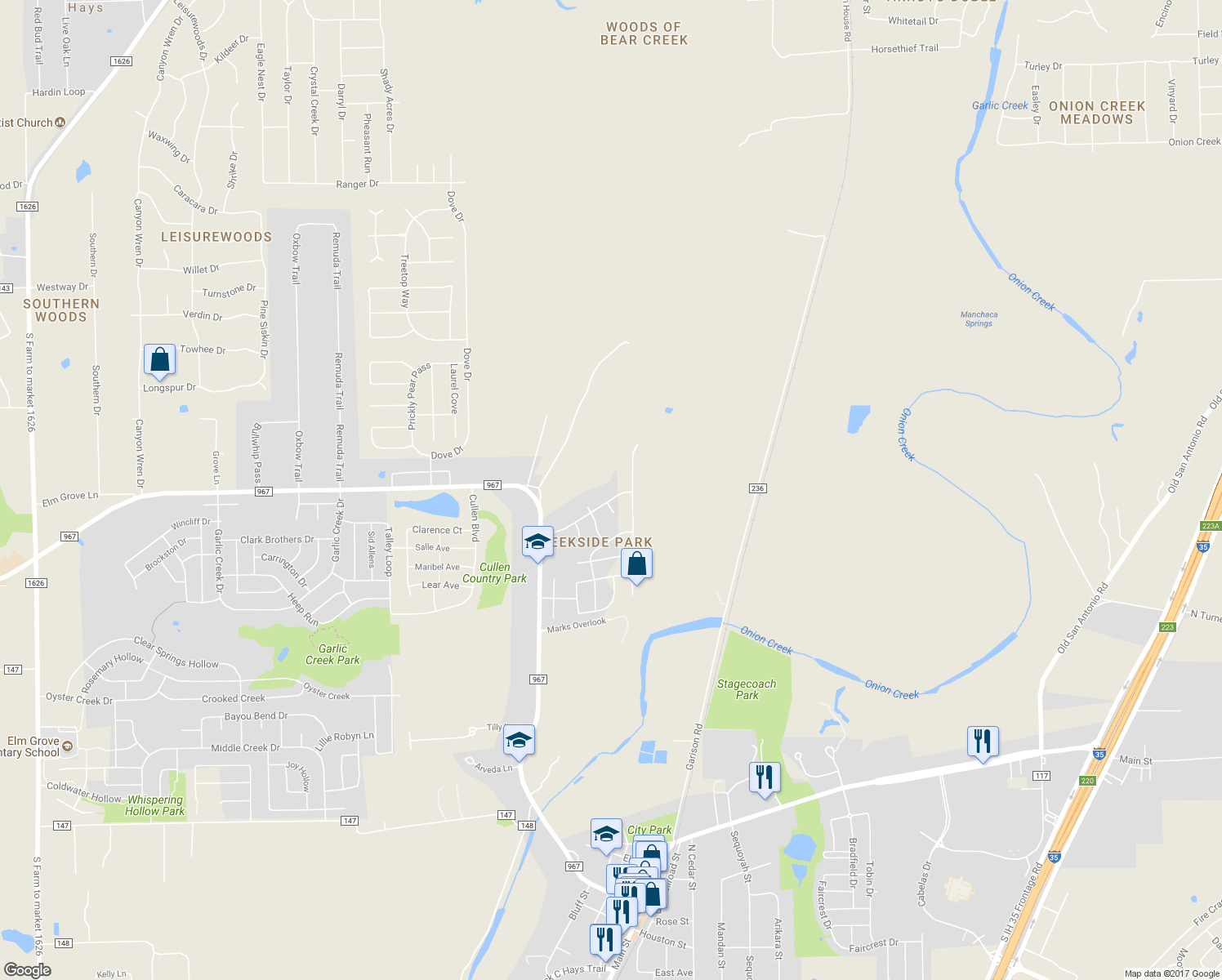 map of restaurants, bars, coffee shops, grocery stores, and more near 1269 Haleys Way Drive in Buda