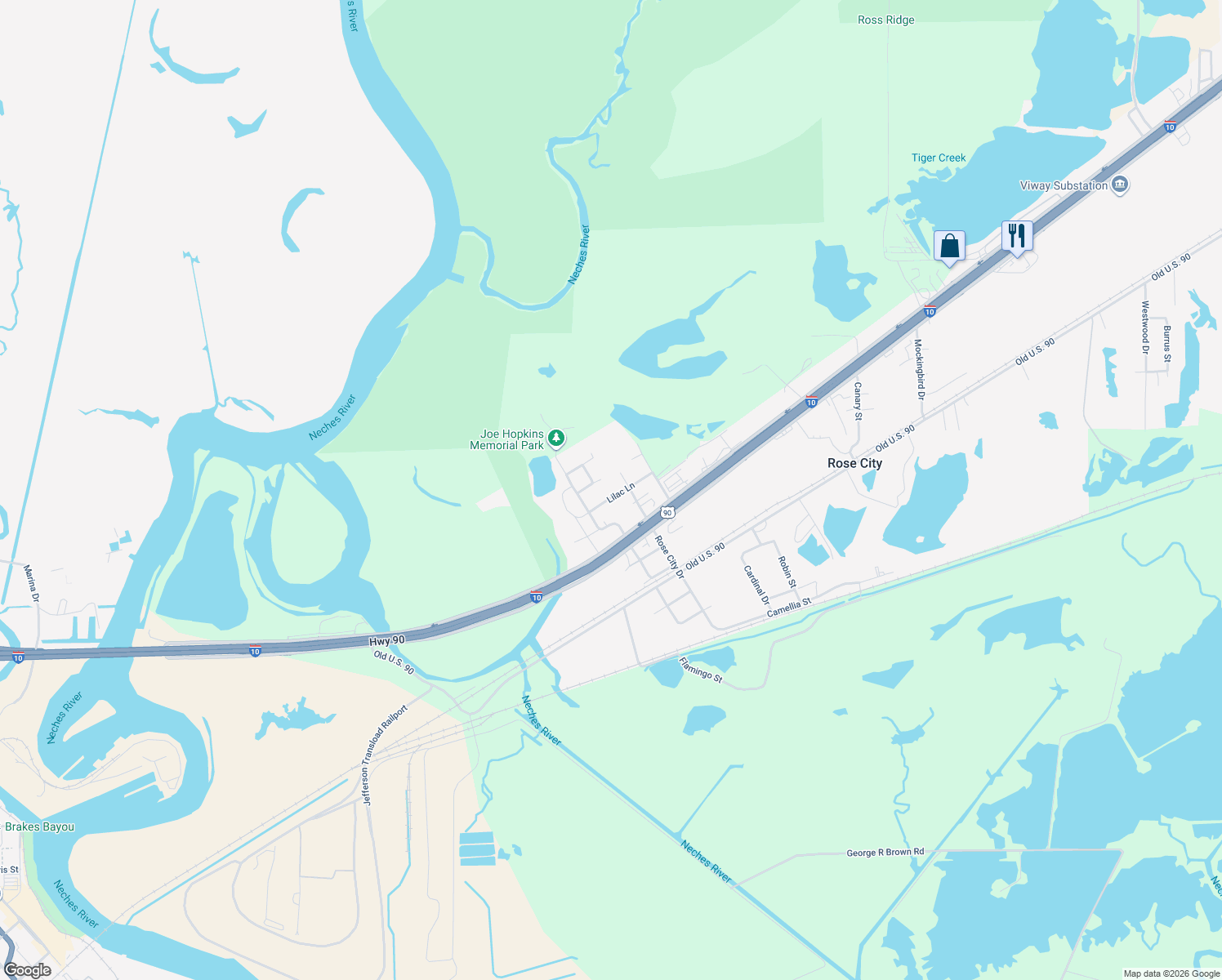 map of restaurants, bars, coffee shops, grocery stores, and more near 545 Lilac Ln in Vidor
