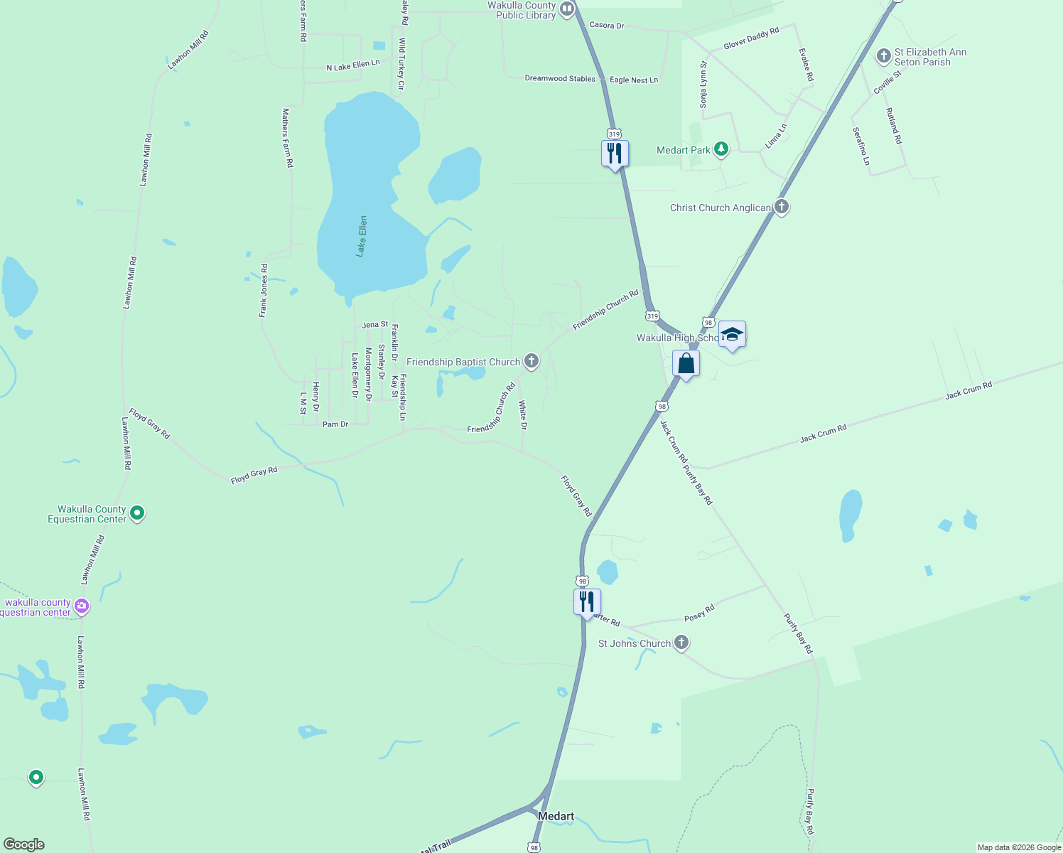 map of restaurants, bars, coffee shops, grocery stores, and more near 63 White Drive in Crawfordville