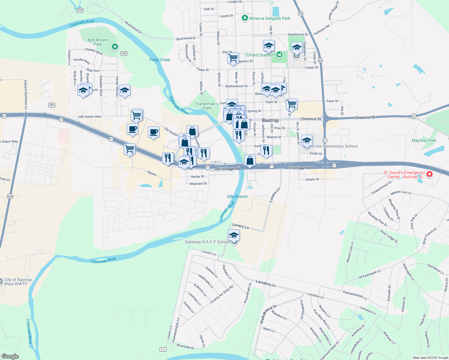 map of restaurants, bars, coffee shops, grocery stores, and more near 504 Perkins Street in Bastrop