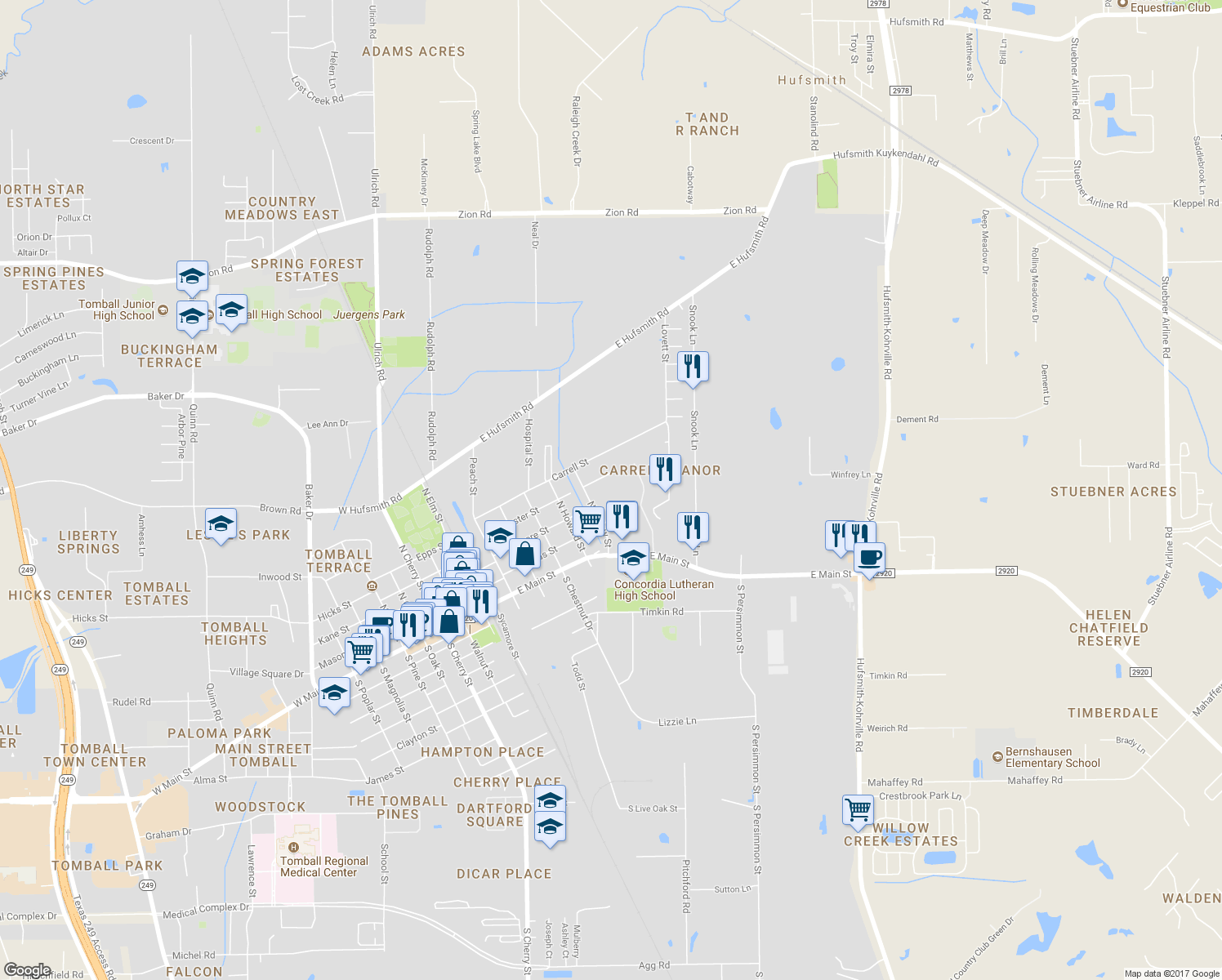 map of restaurants, bars, coffee shops, grocery stores, and more near 608 Moore Street in Tomball