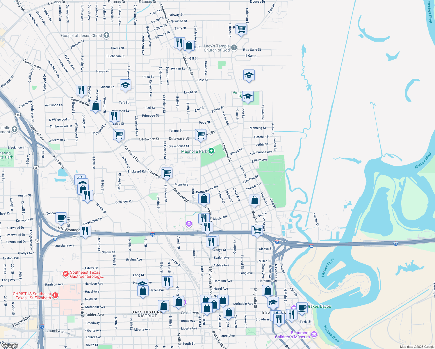 map of restaurants, bars, coffee shops, grocery stores, and more near 2627 Forrest St in Beaumont