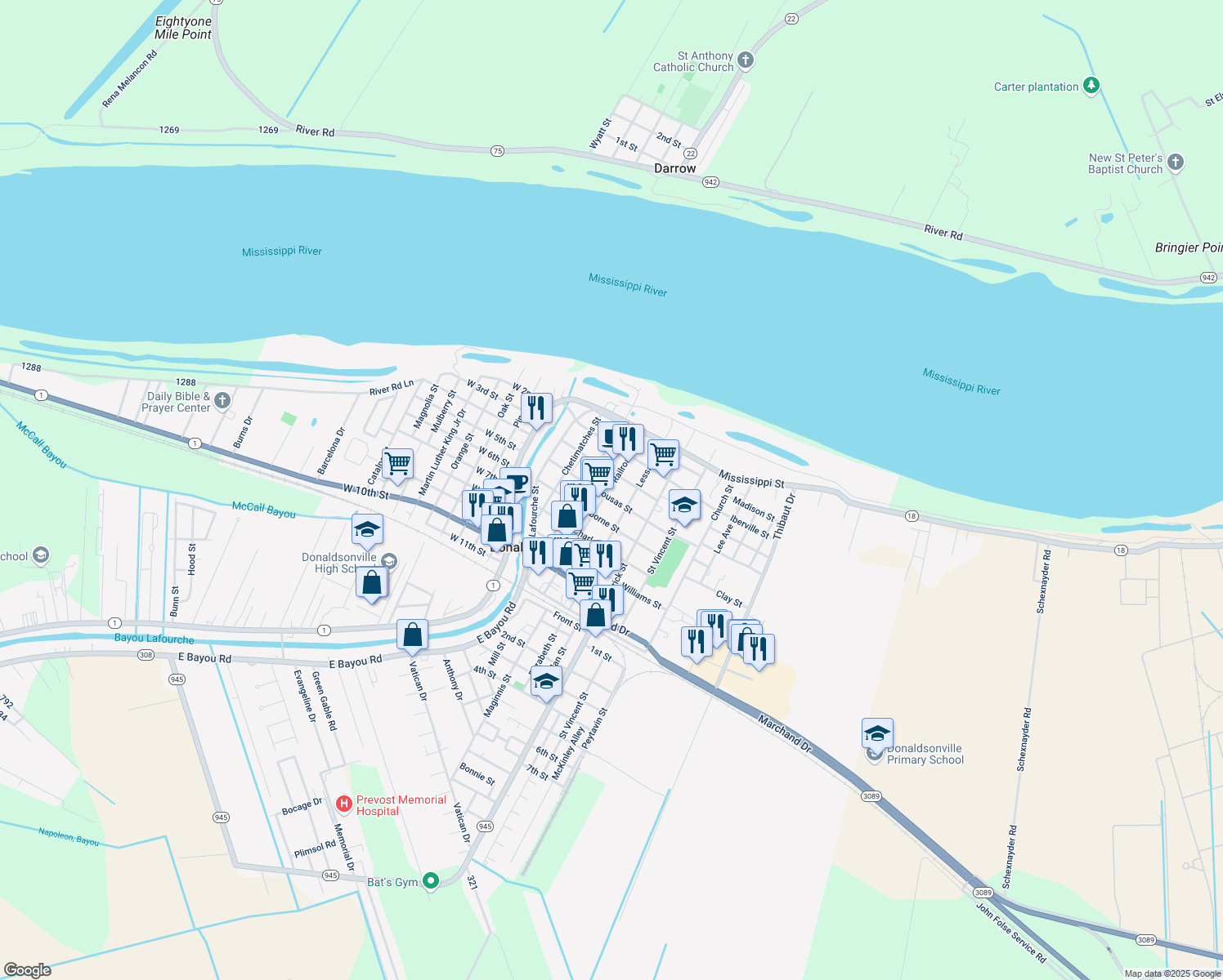 map of restaurants, bars, coffee shops, grocery stores, and more near 317 Railroad Ave in Donaldsonville