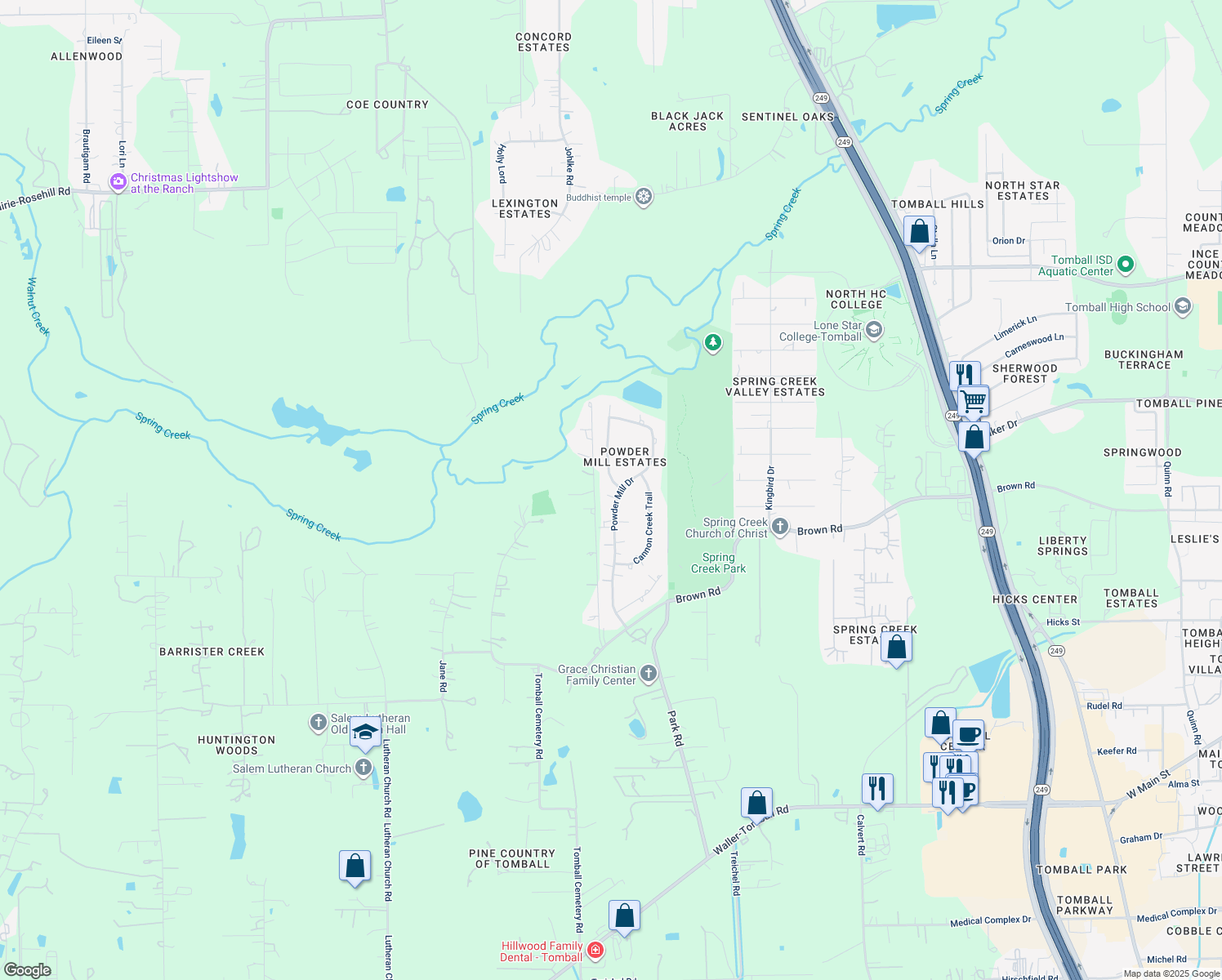 map of restaurants, bars, coffee shops, grocery stores, and more near 23519 Powder Mill Drive in Tomball