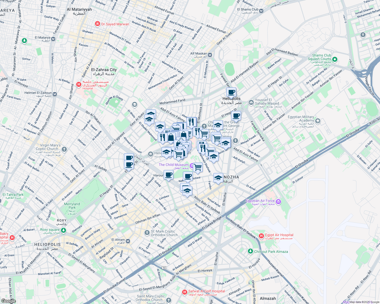 map of restaurants, bars, coffee shops, grocery stores, and more near in El Nozha