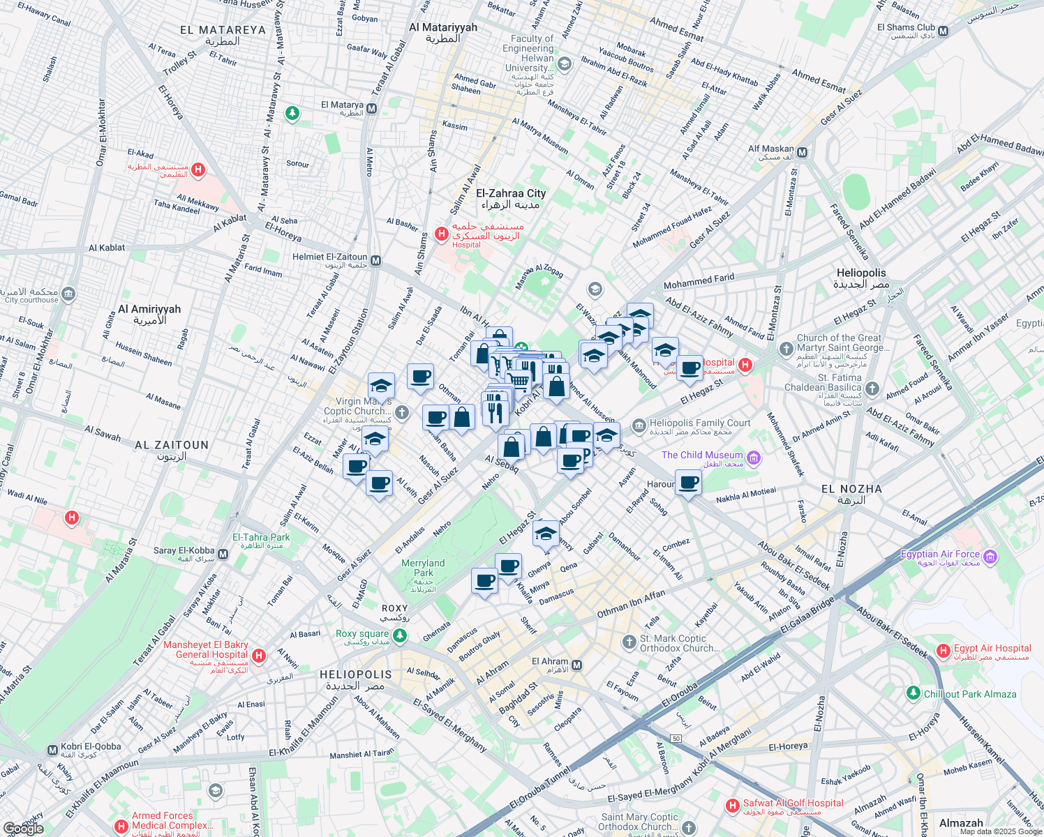 map of restaurants, bars, coffee shops, grocery stores, and more near Gesr Al Suez in Zeitoun