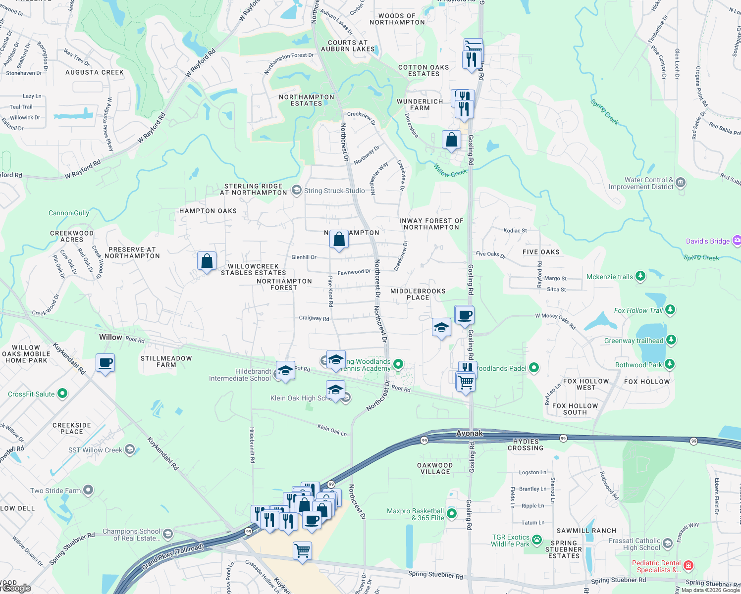 map of restaurants, bars, coffee shops, grocery stores, and more near 6206 Darby Way in Spring