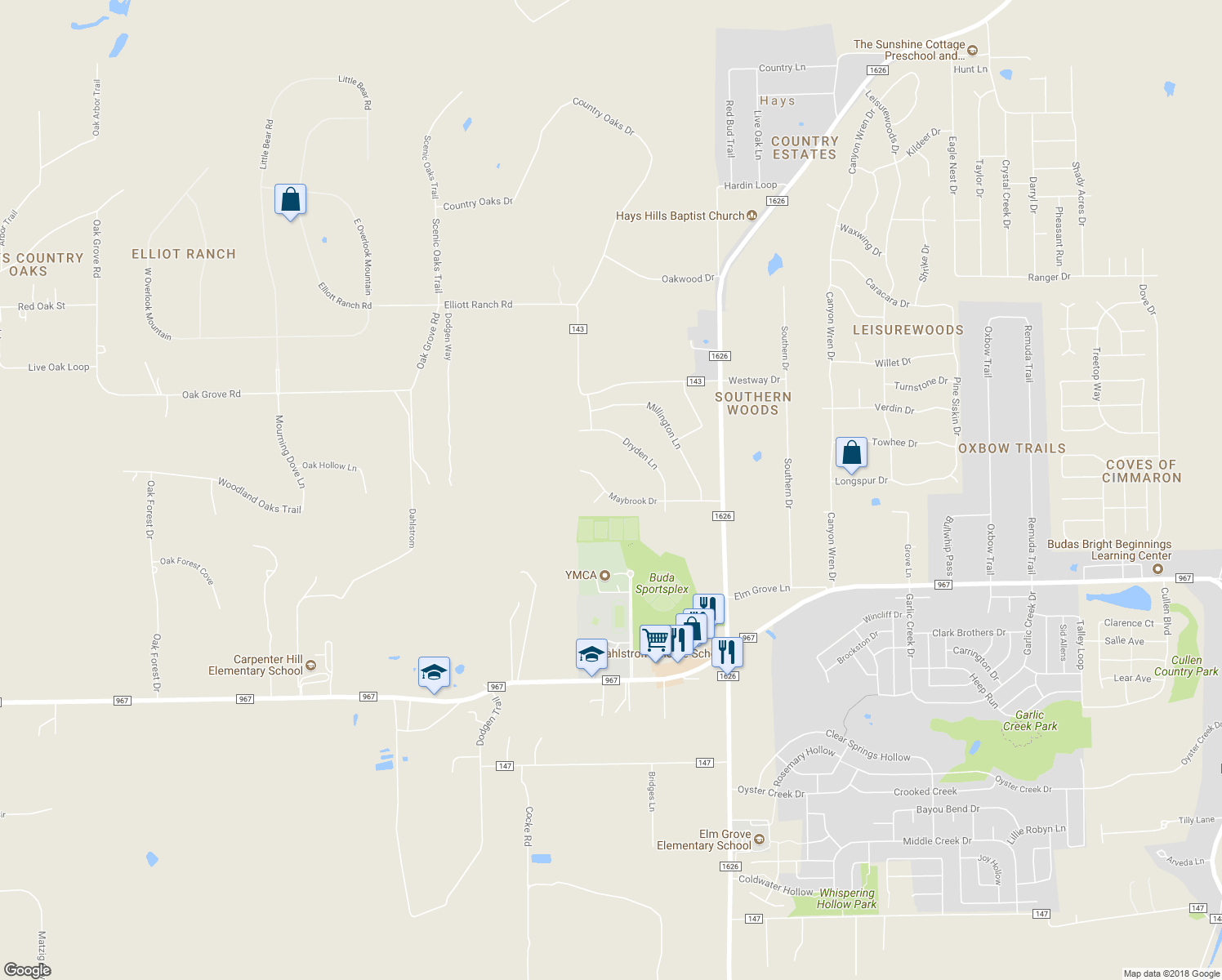 map of restaurants, bars, coffee shops, grocery stores, and more near 420 Maybrook Drive in Buda