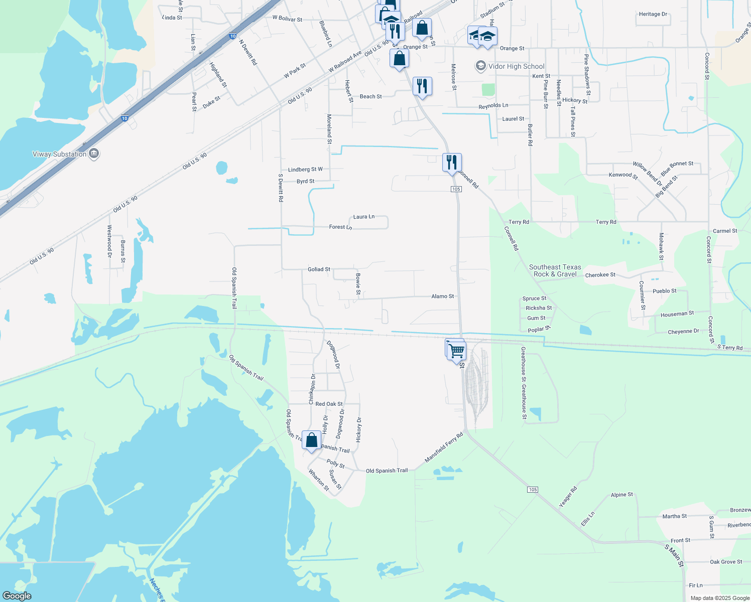 map of restaurants, bars, coffee shops, grocery stores, and more near 655 Alamo St in Vidor