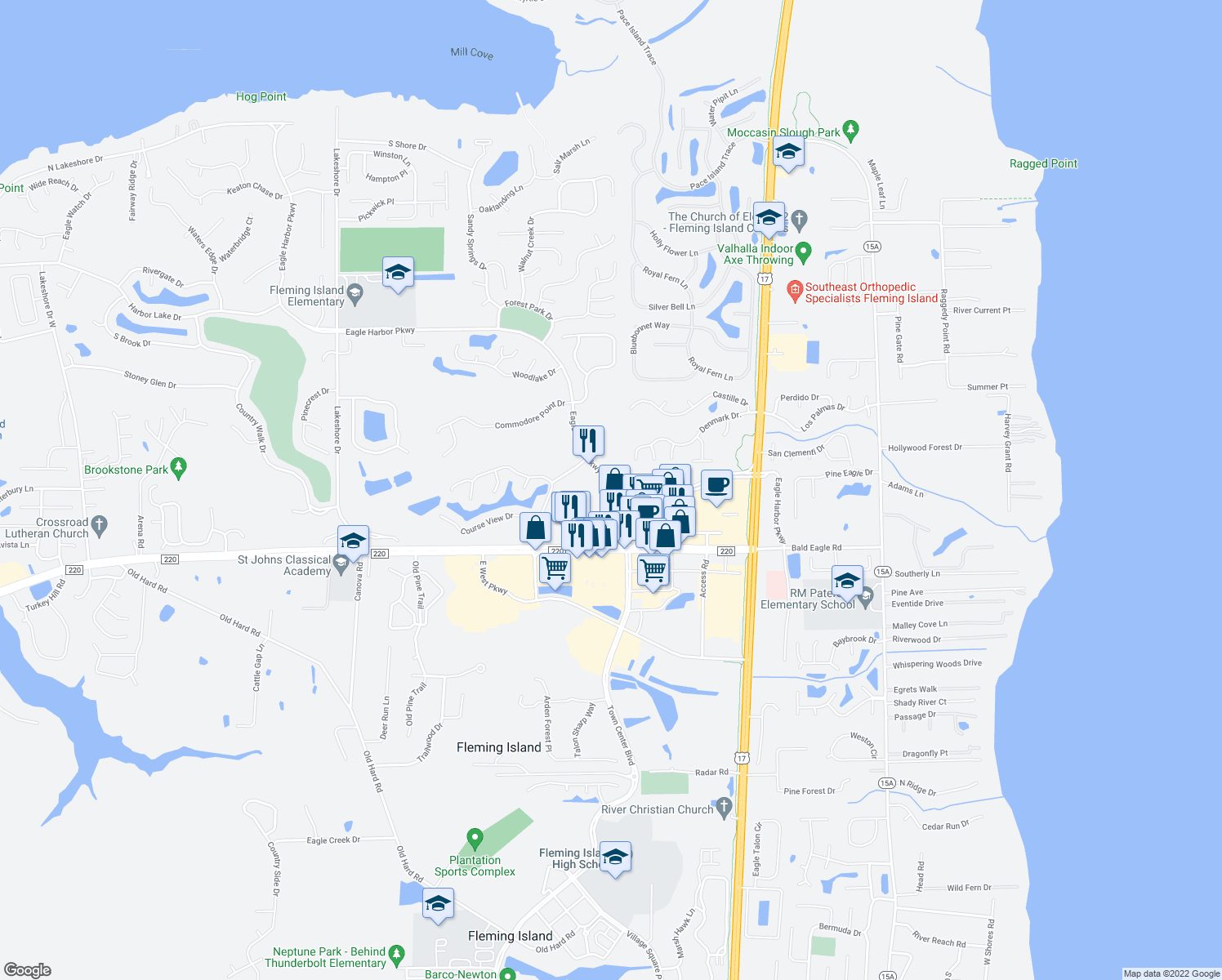 map of restaurants, bars, coffee shops, grocery stores, and more near 1492 Poplar Ridge Road in Fleming Island