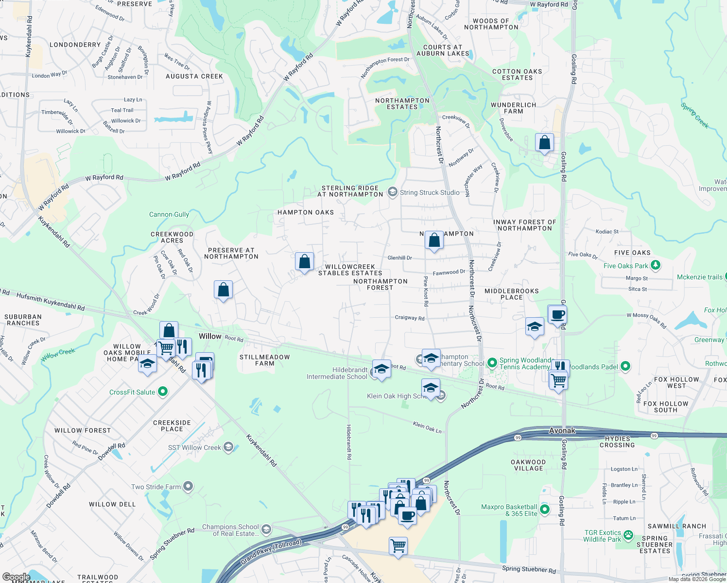 map of restaurants, bars, coffee shops, grocery stores, and more near 23302 Fox Run Street in Spring