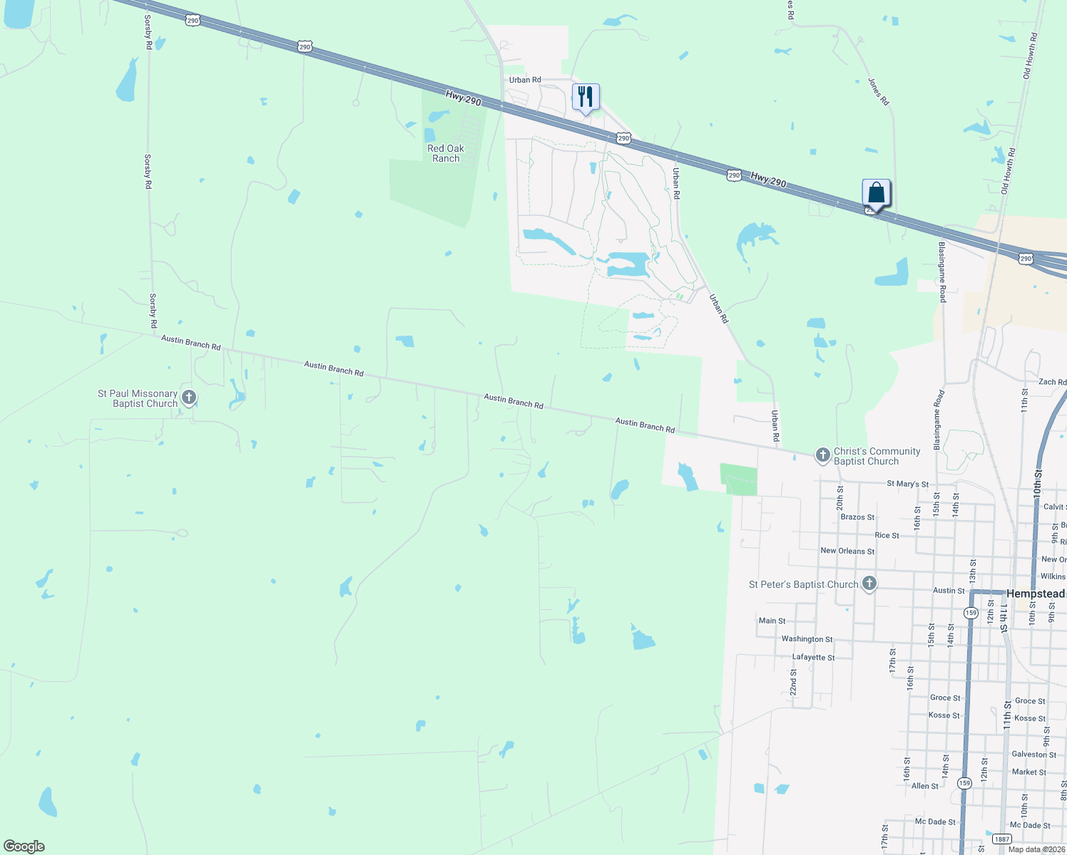 map of restaurants, bars, coffee shops, grocery stores, and more near 43919 Austin Branch Rd in Hempstead