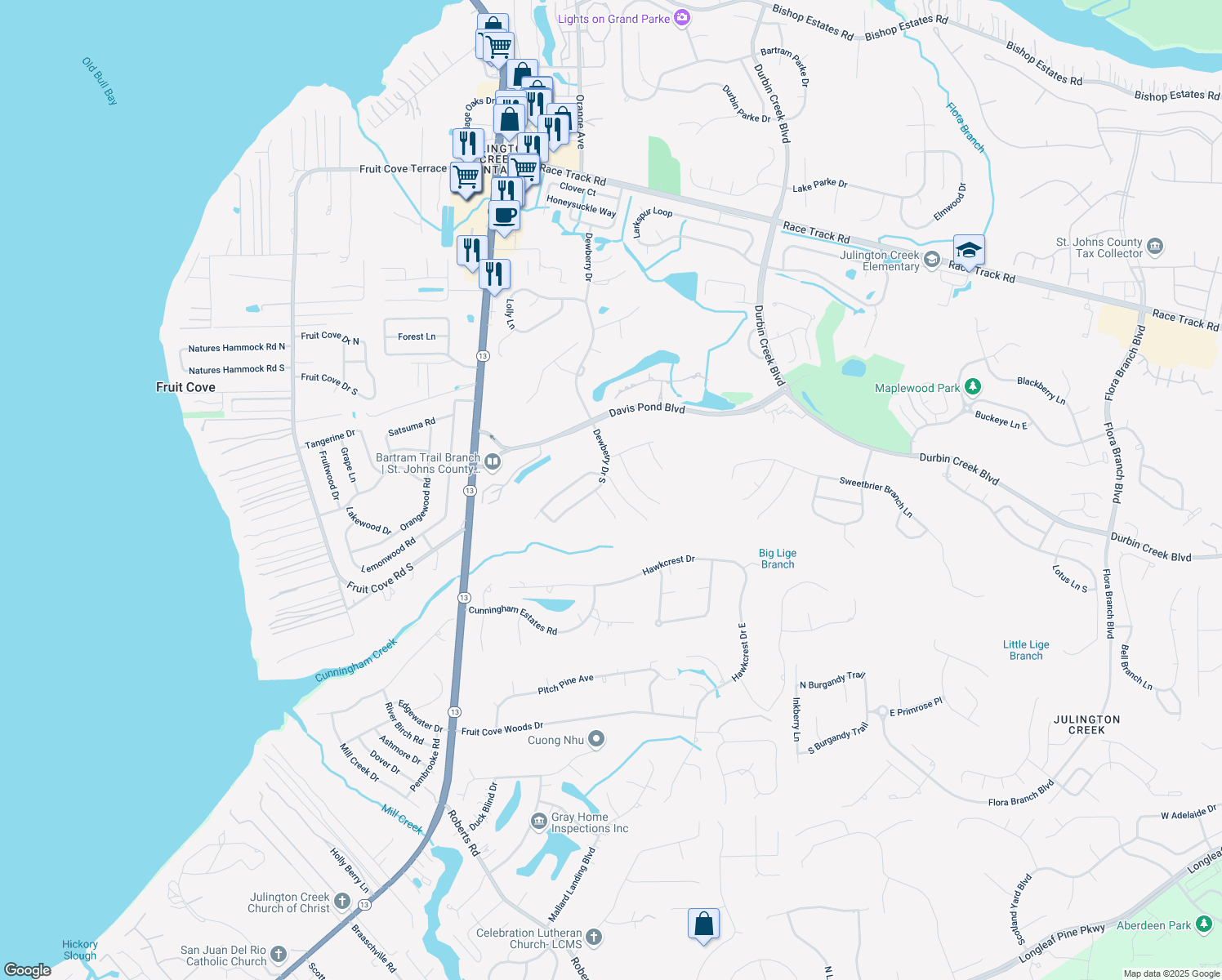 map of restaurants, bars, coffee shops, grocery stores, and more near 1108 Buckbean Branch Lane East in Jacksonville