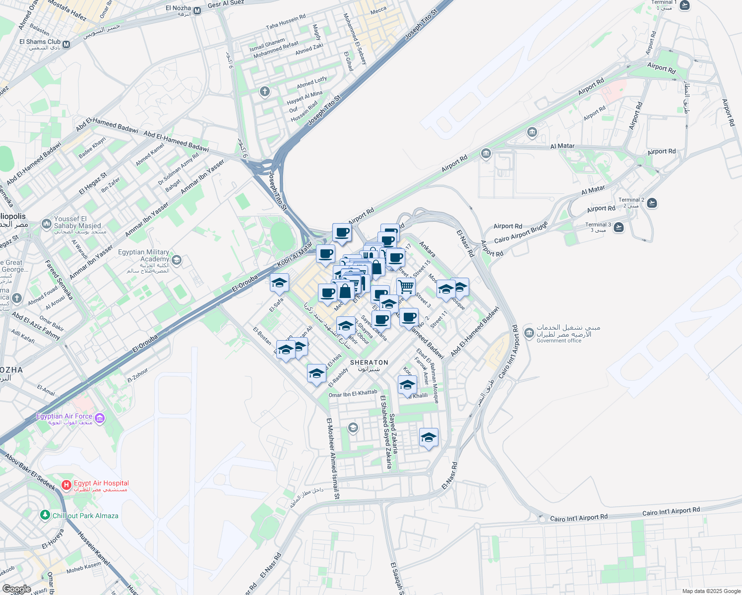 map of restaurants, bars, coffee shops, grocery stores, and more near Abd El-Hameed Badawi in El Nozha