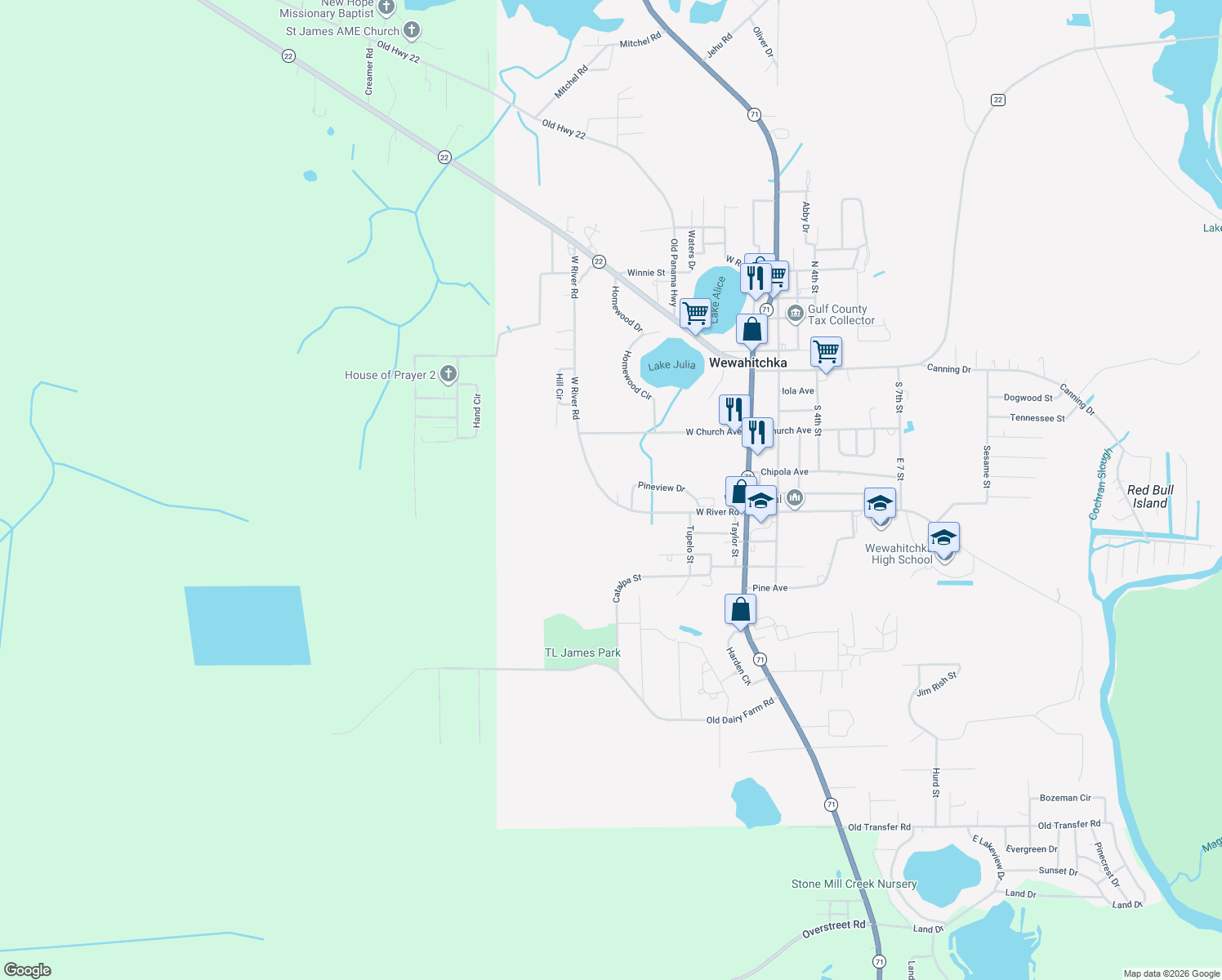 map of restaurants, bars, coffee shops, grocery stores, and more near 673 West River Road in Wewahitchka