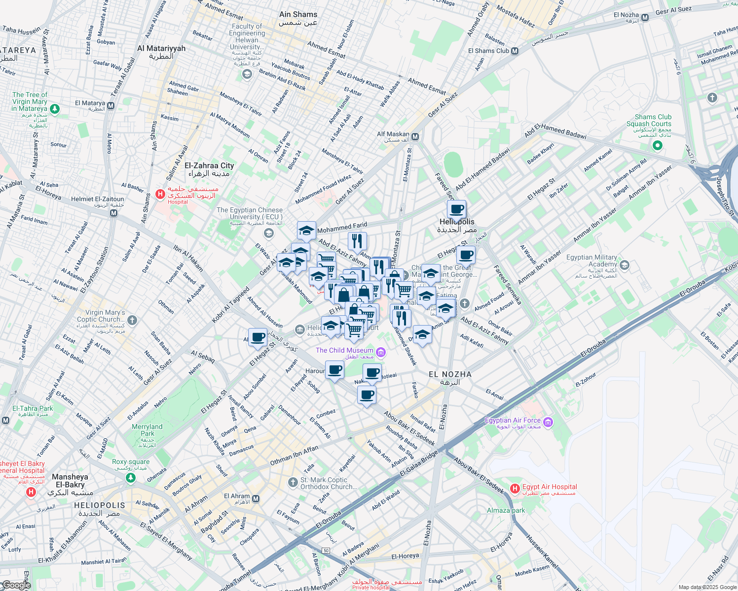 map of restaurants, bars, coffee shops, grocery stores, and more near El Hegaz Street in Masr Al Jadidah