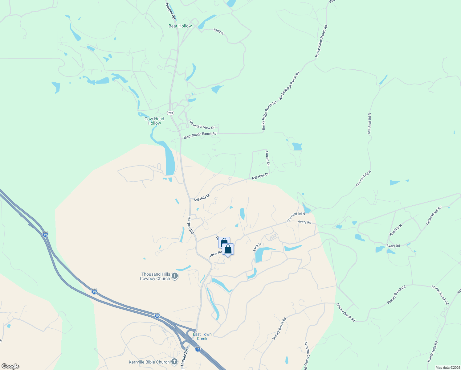 map of restaurants, bars, coffee shops, grocery stores, and more near 103 Crockett Drive in Kerrville