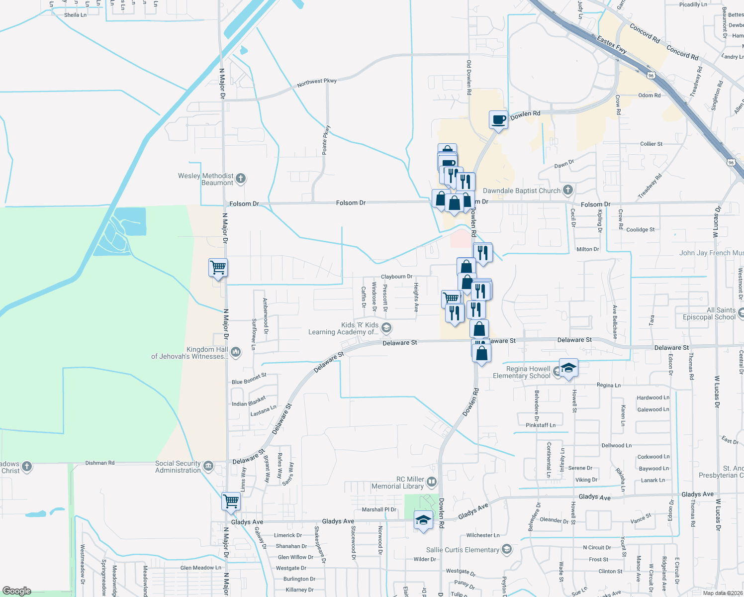 map of restaurants, bars, coffee shops, grocery stores, and more near 3537 Windrose Dr in Beaumont