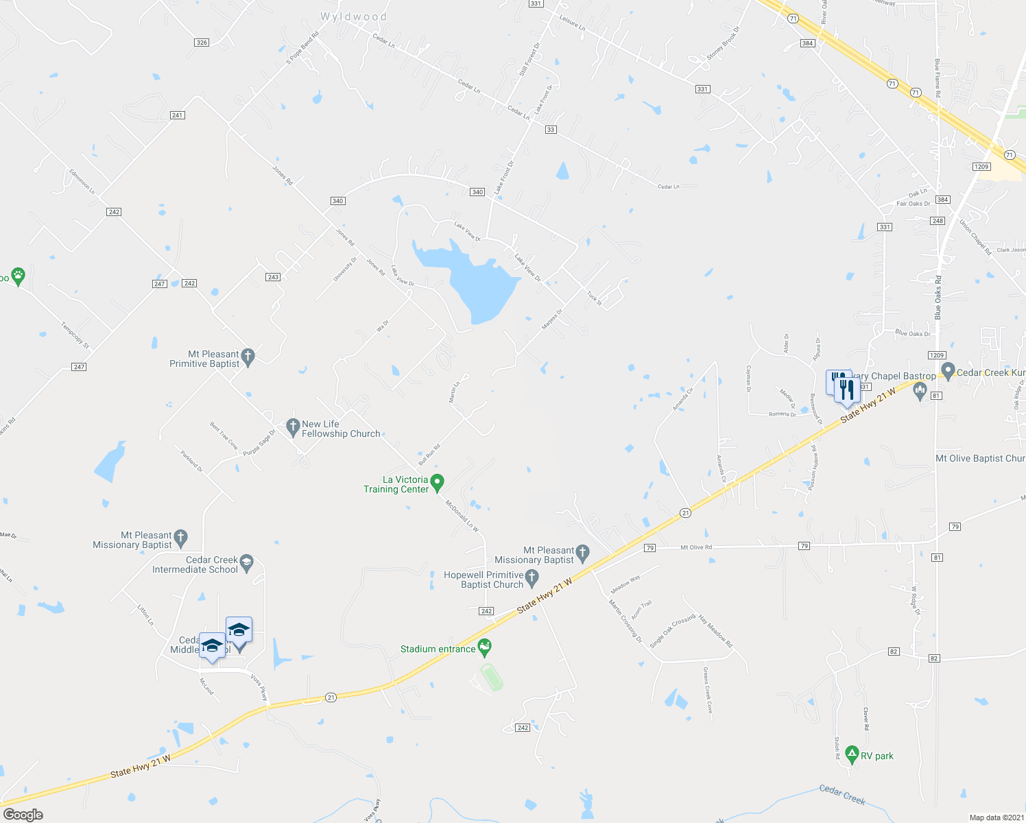 map of restaurants, bars, coffee shops, grocery stores, and more near 164 Bull Run Road in Cedar Creek