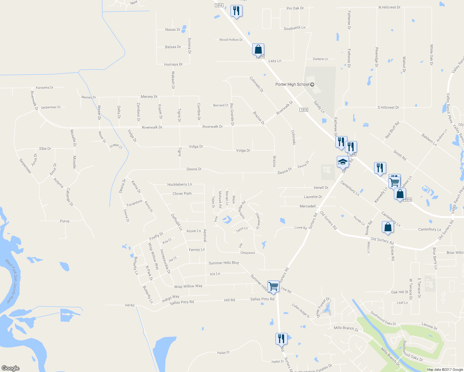 map of restaurants, bars, coffee shops, grocery stores, and more near 23628 Maya in Porter