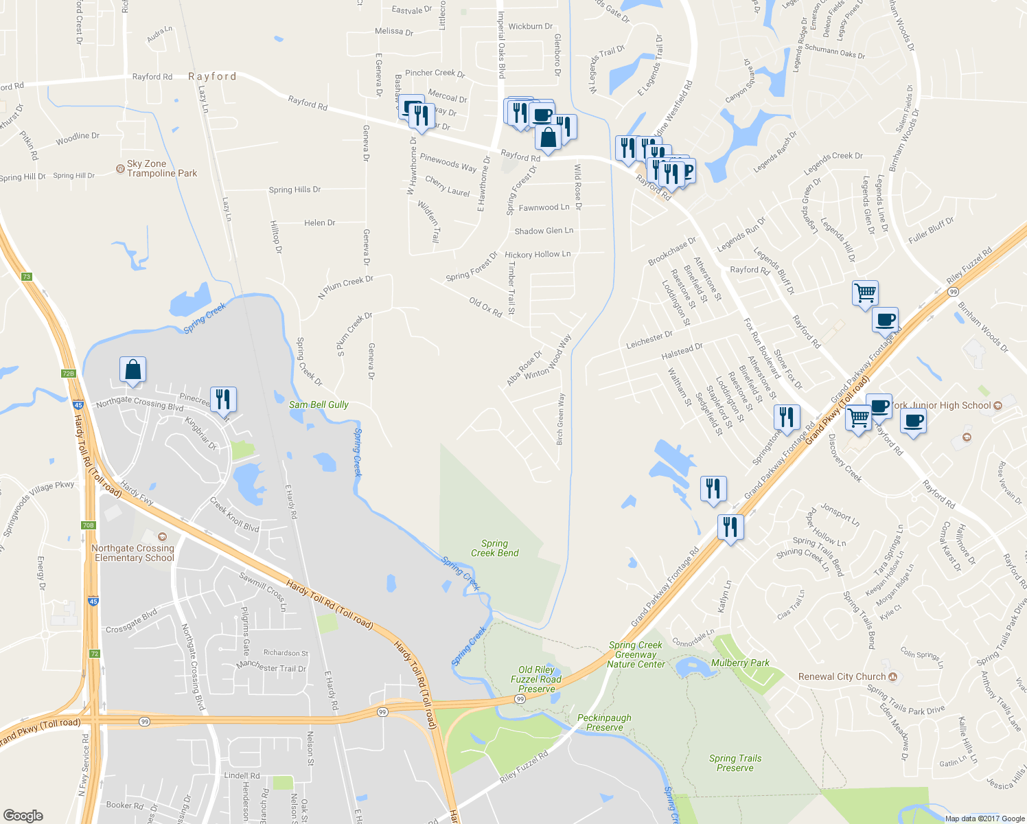 map of restaurants, bars, coffee shops, grocery stores, and more near 2488 Elm Crossing Trail in Spring