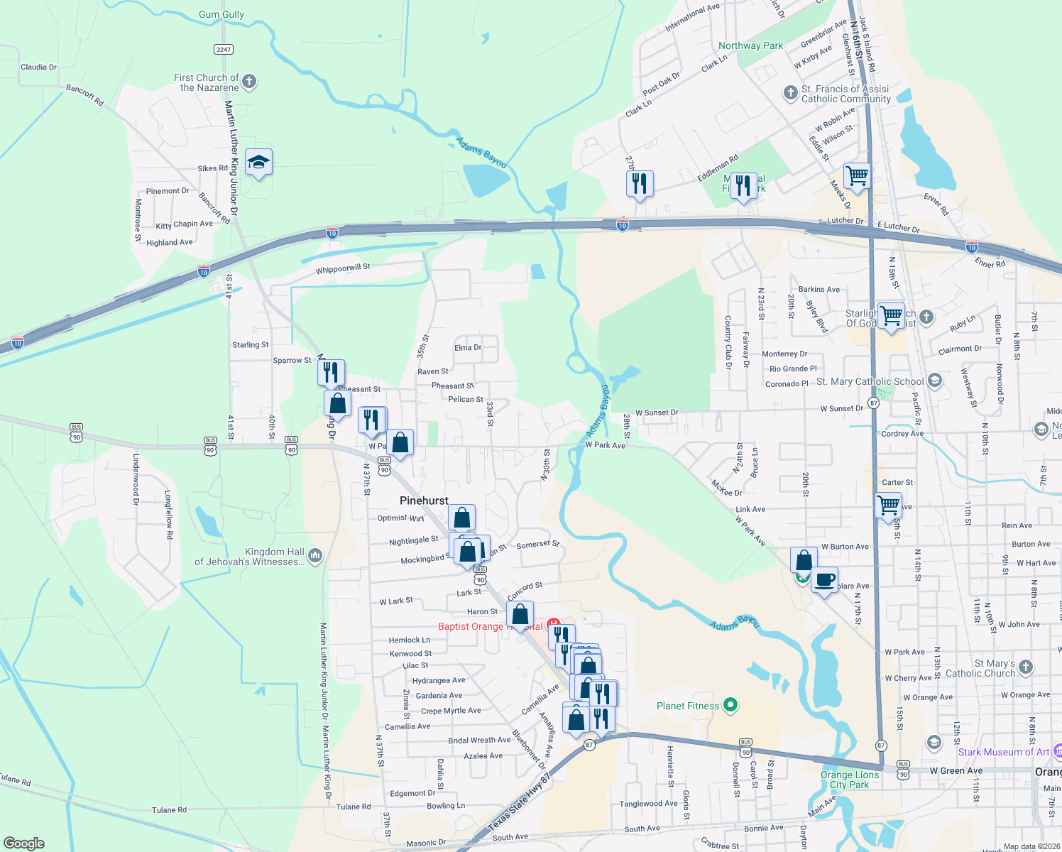 map of restaurants, bars, coffee shops, grocery stores, and more near 19 Pinewood Cir in Orange