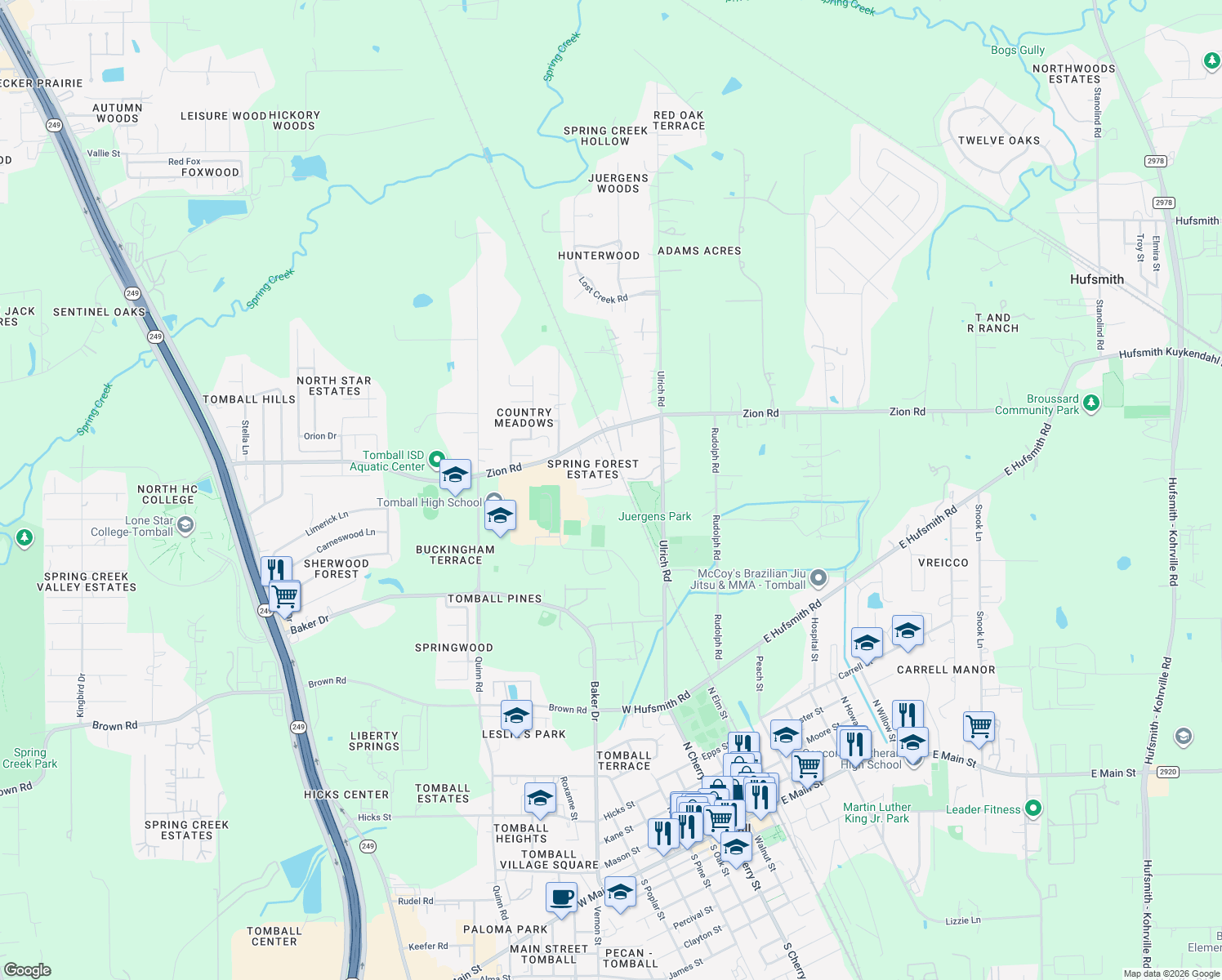 map of restaurants, bars, coffee shops, grocery stores, and more near 13503 Spring Court in Tomball