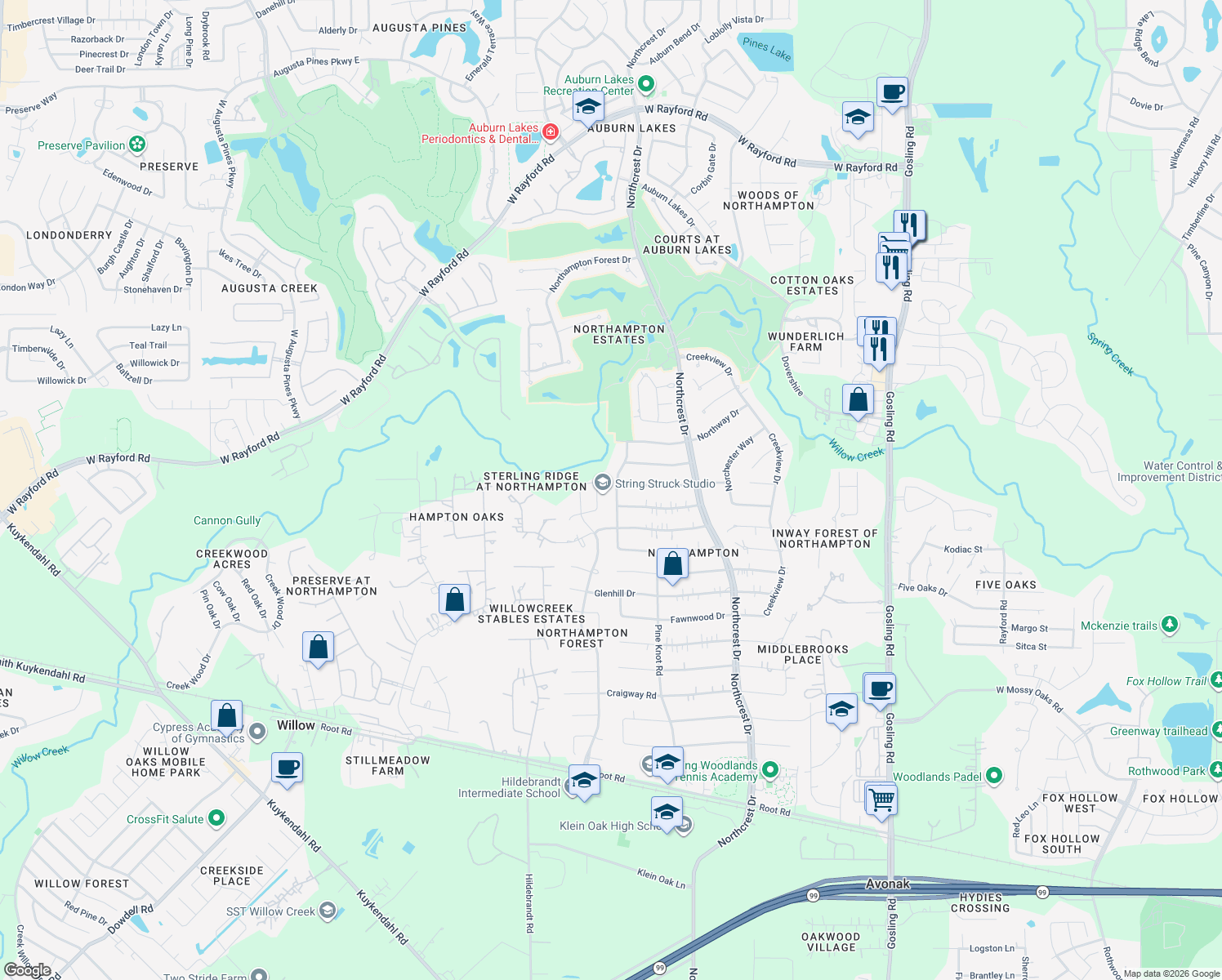 map of restaurants, bars, coffee shops, grocery stores, and more near 24111 Forestcrest Drive in Spring