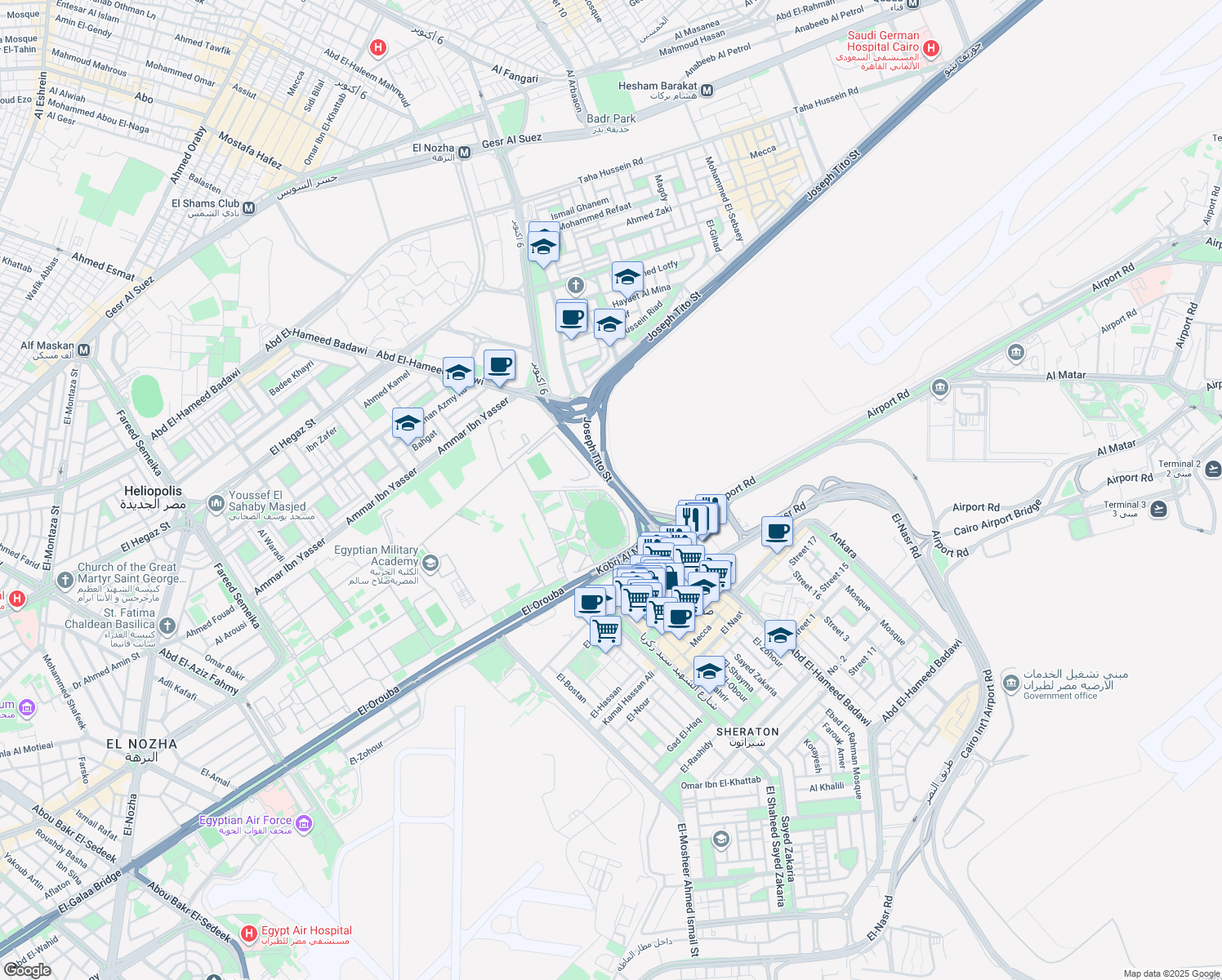 map of restaurants, bars, coffee shops, grocery stores, and more near Abd El-Hameed Badawi in El Nozha