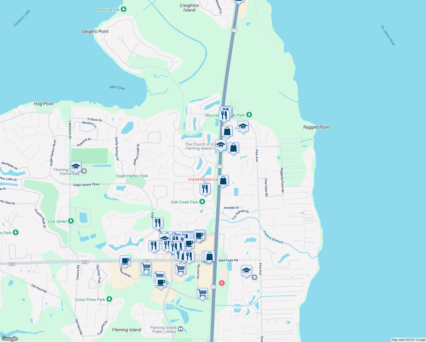 map of restaurants, bars, coffee shops, grocery stores, and more near 1624 Royal Fern Lane in Orange Park