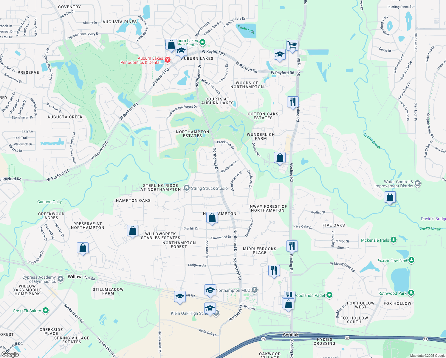map of restaurants, bars, coffee shops, grocery stores, and more near 24302 Northcrest Dr in Spring