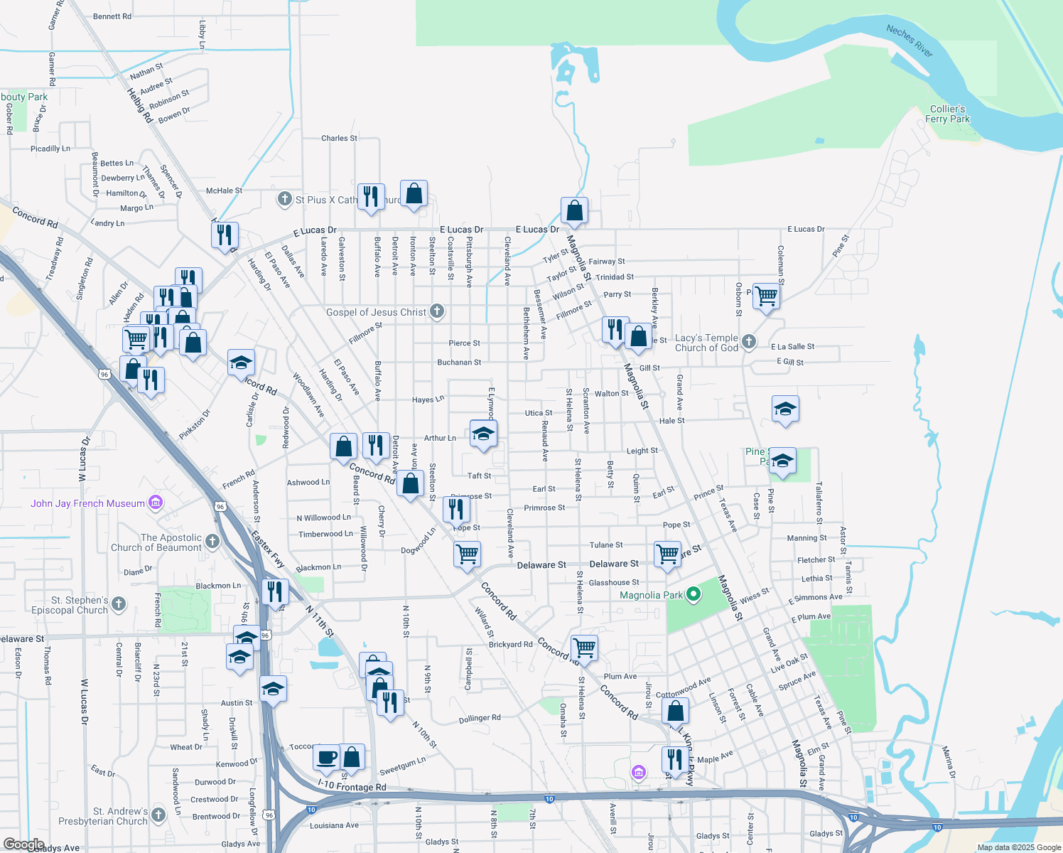 map of restaurants, bars, coffee shops, grocery stores, and more near 2160 Toledo Street in Beaumont