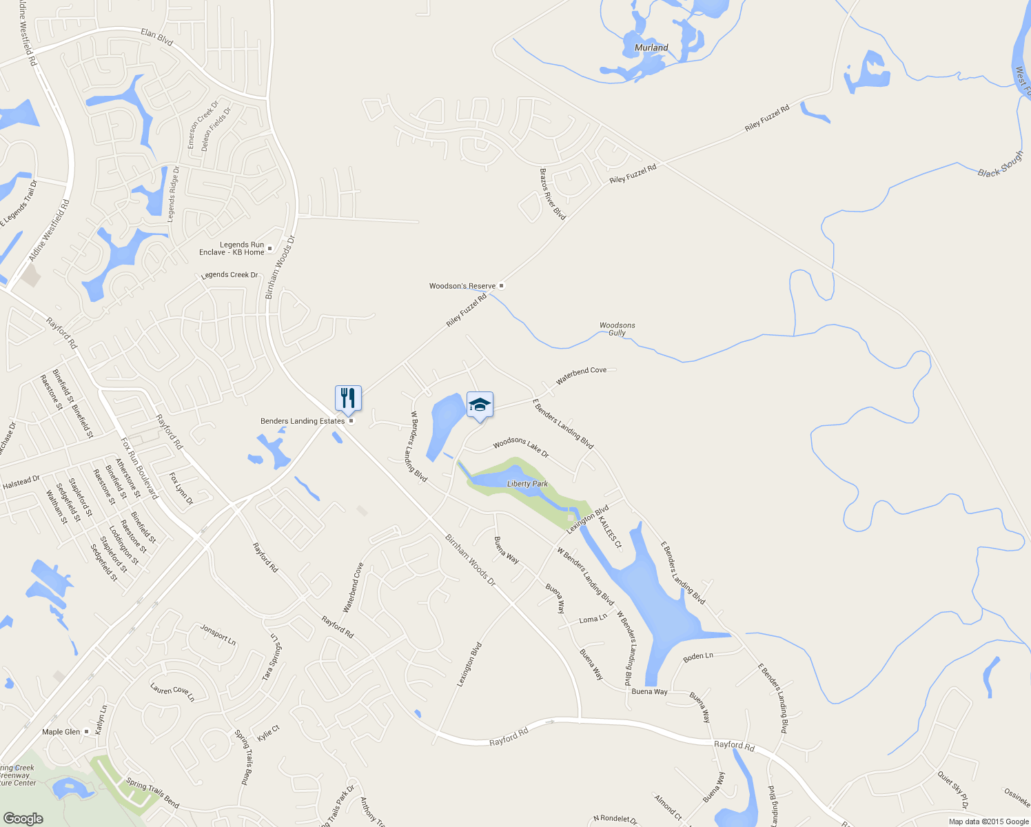 map of restaurants, bars, coffee shops, grocery stores, and more near 3914 Waterbend Cove in Spring