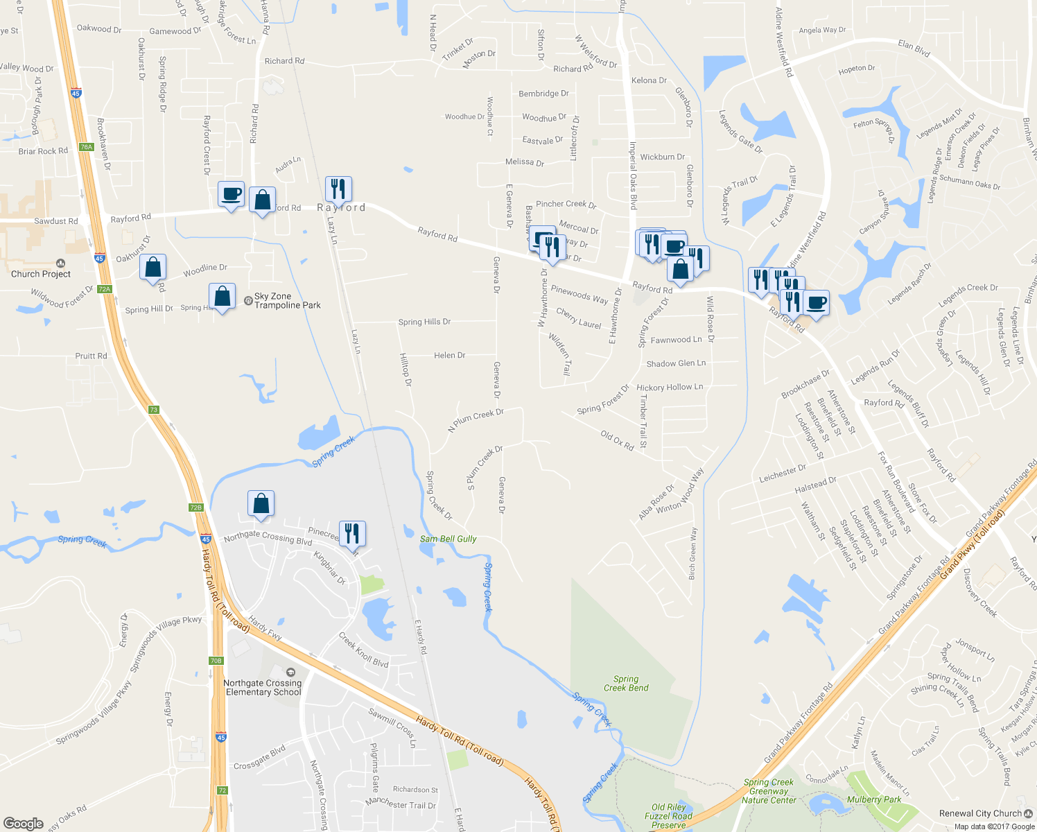 map of restaurants, bars, coffee shops, grocery stores, and more near 1618 North Plum Creek Drive in Spring