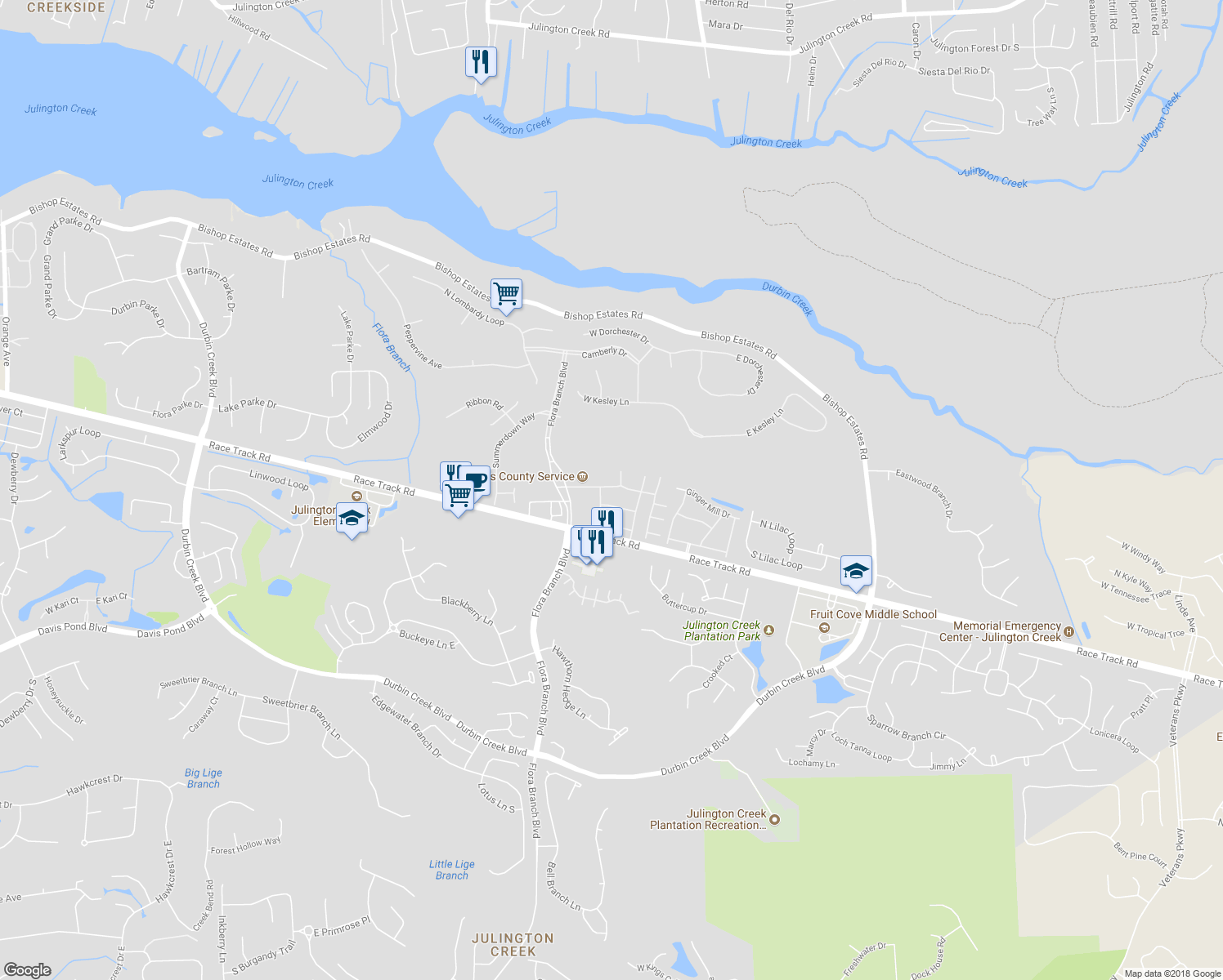 map of restaurants, bars, coffee shops, grocery stores, and more near 145 Southern Bay Drive in Jacksonville