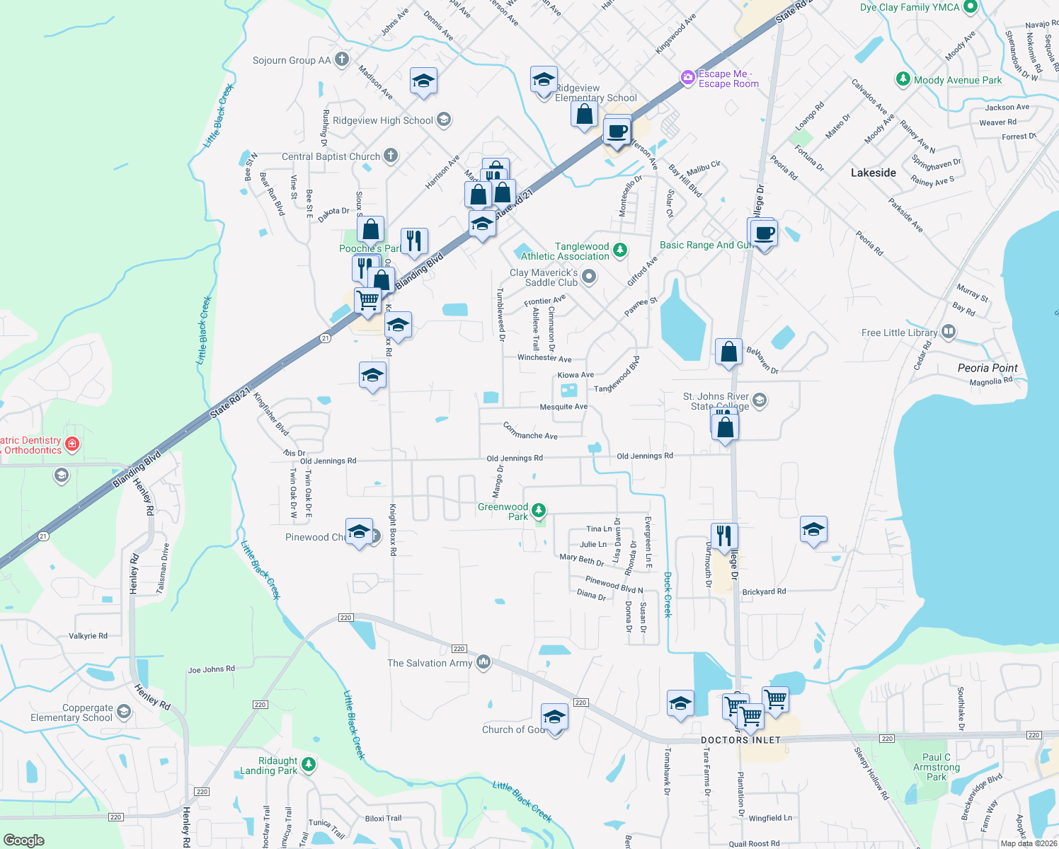 map of restaurants, bars, coffee shops, grocery stores, and more near 1296 Laramie Court in Orange Park