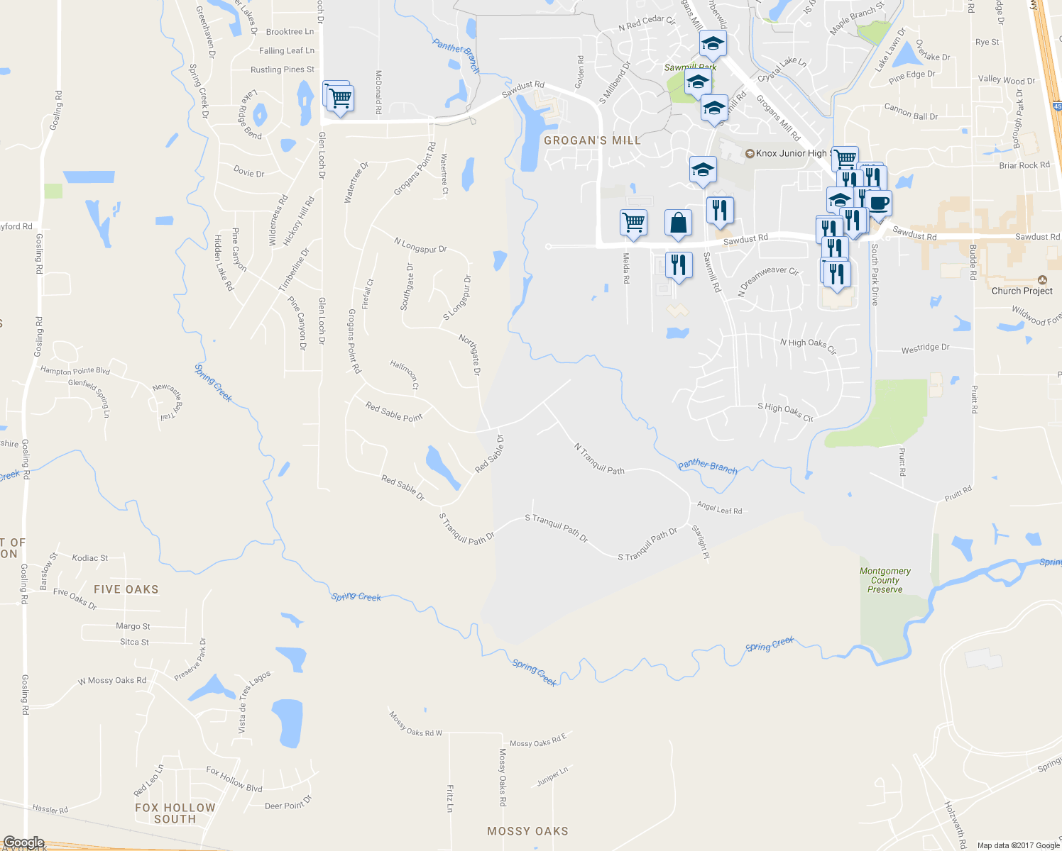 map of restaurants, bars, coffee shops, grocery stores, and more near 259 Saddle Ridge in Spring