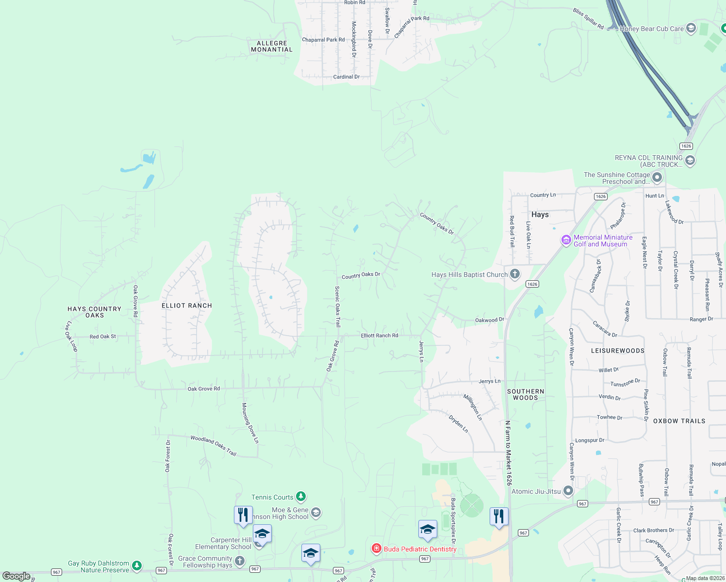 map of restaurants, bars, coffee shops, grocery stores, and more near 69 Country Oaks Drive in Buda