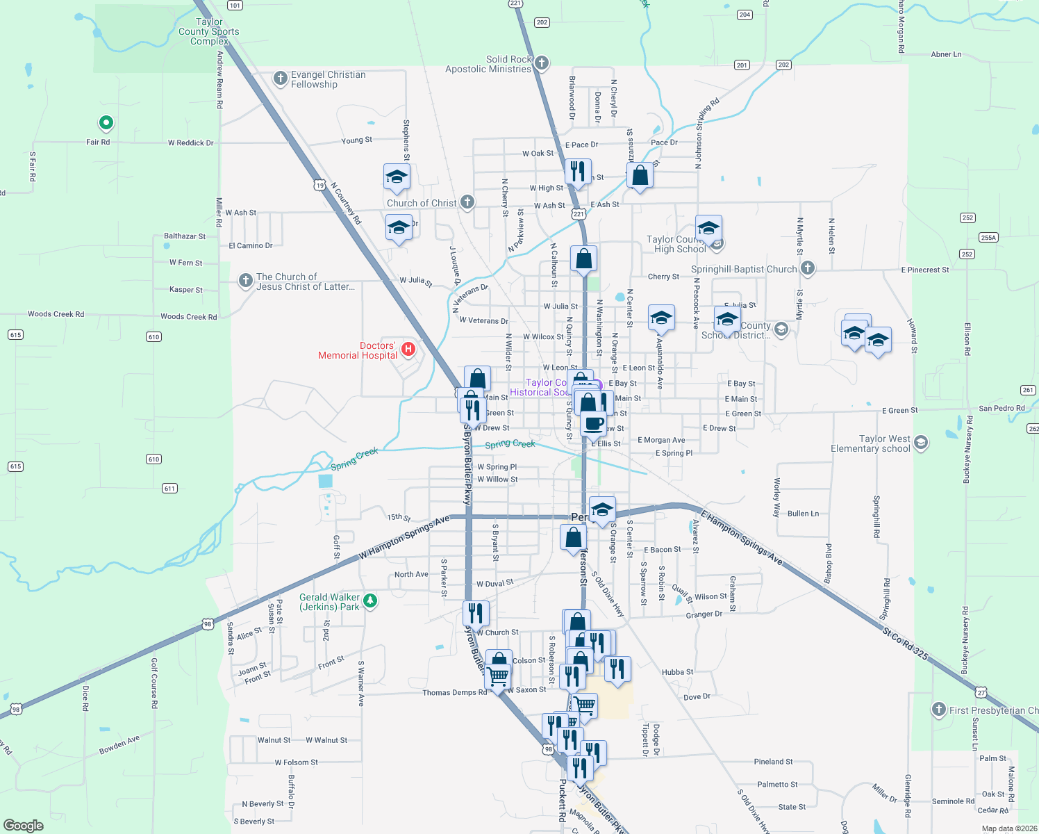 map of restaurants, bars, coffee shops, grocery stores, and more near 503 W Green St in Perry
