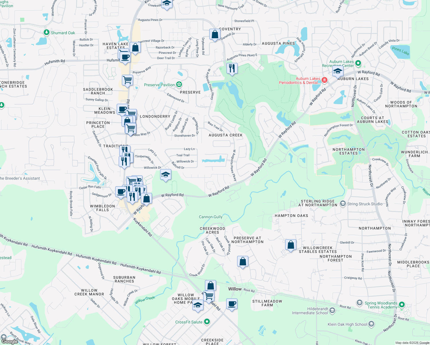 map of restaurants, bars, coffee shops, grocery stores, and more near 7618 Augusta Creek Court in Spring