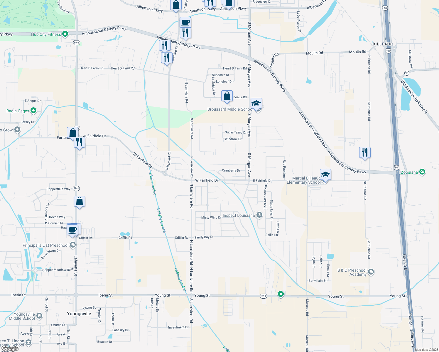map of restaurants, bars, coffee shops, grocery stores, and more near 107 Waterberry Dr in Broussard