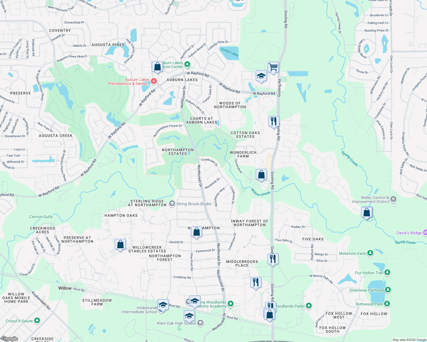 map of restaurants, bars, coffee shops, grocery stores, and more near 6110 Hampton Way Court in Spring