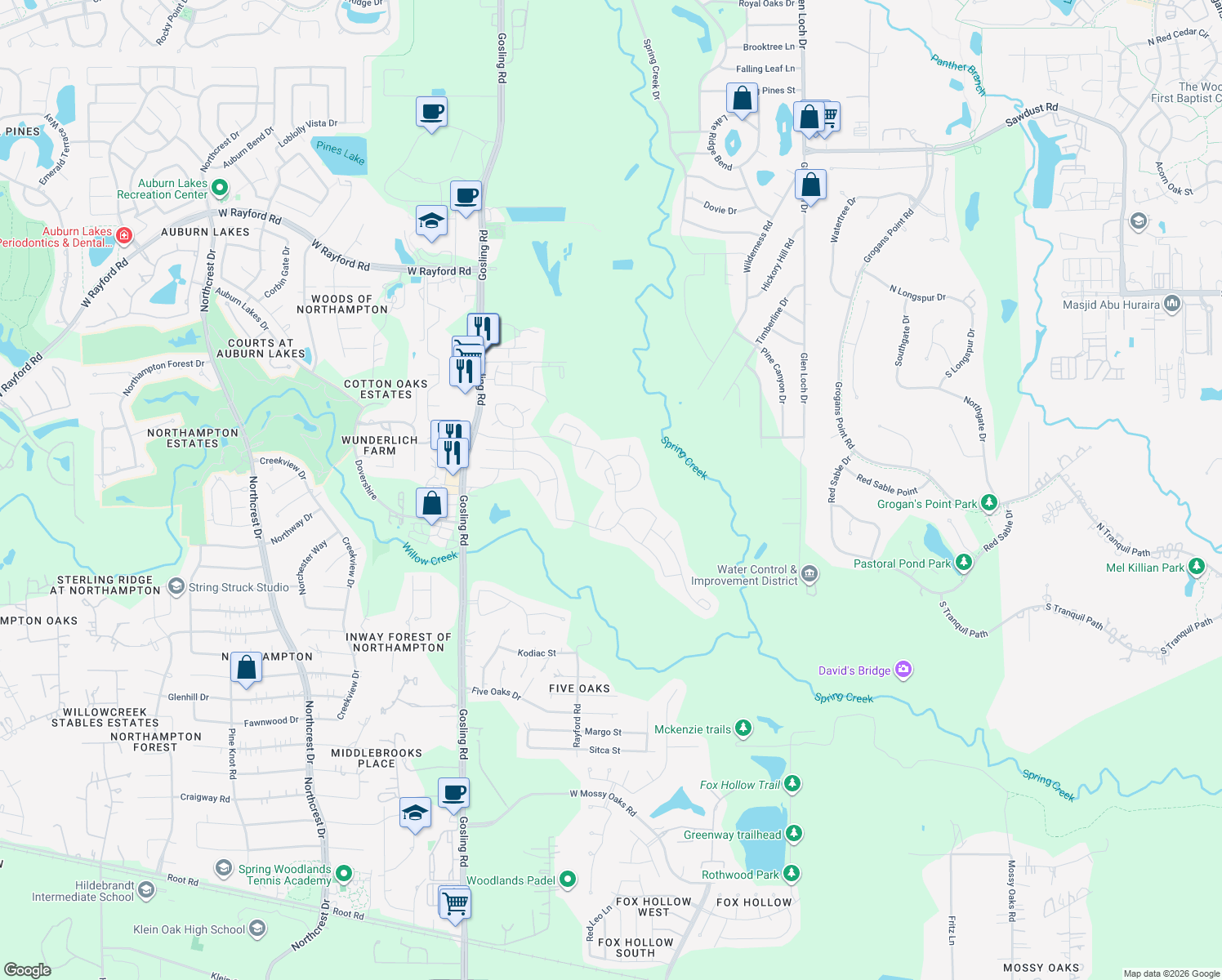 map of restaurants, bars, coffee shops, grocery stores, and more near 24303 Ravenna Landing Loop in Spring