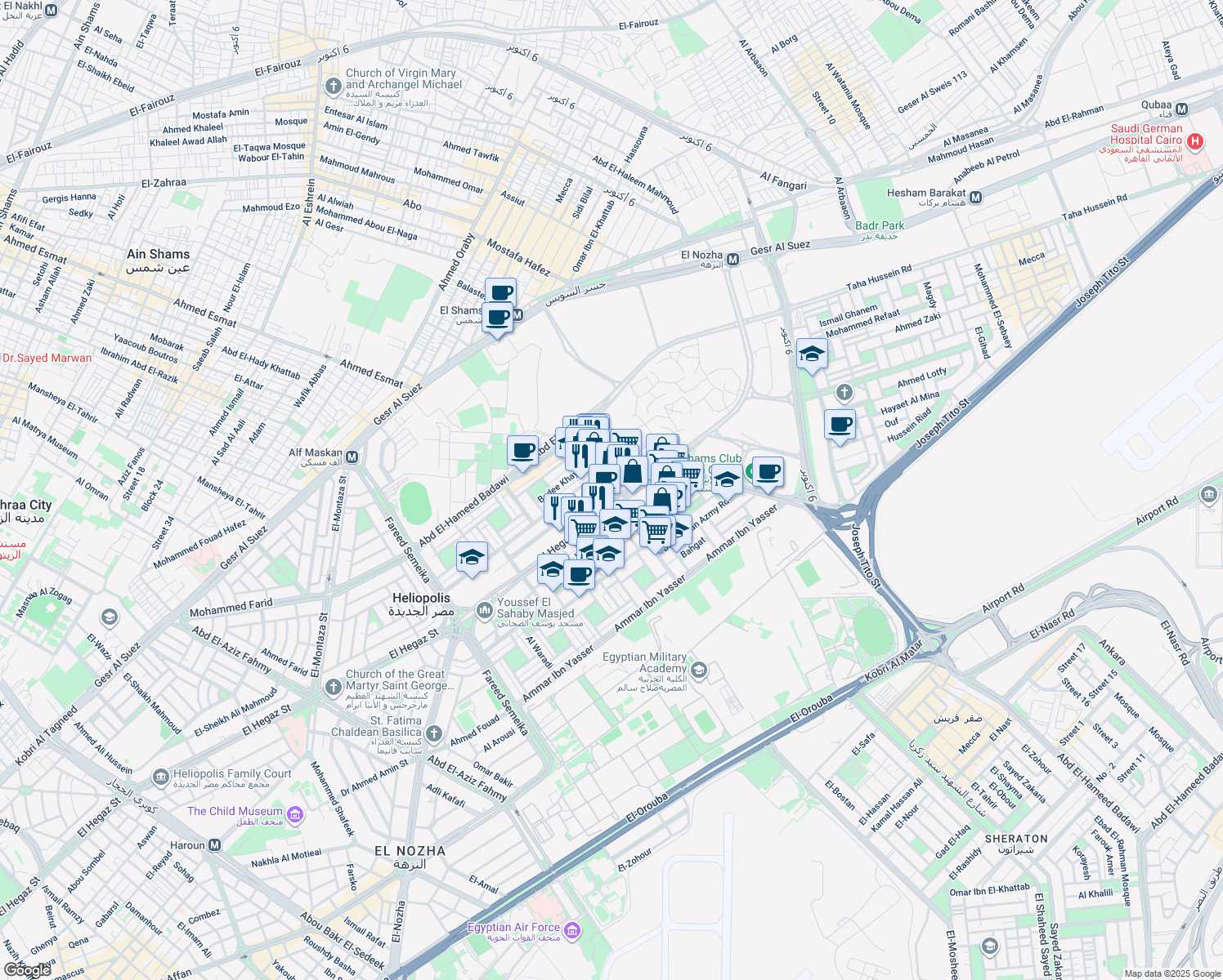 map of restaurants, bars, coffee shops, grocery stores, and more near in El Nozha