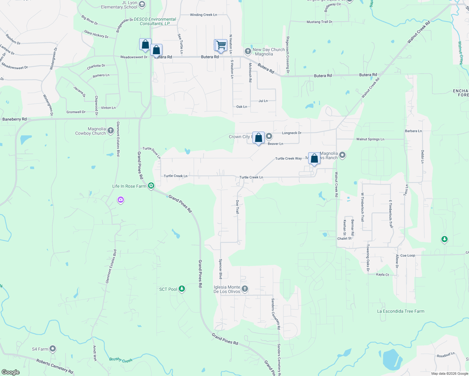 map of restaurants, bars, coffee shops, grocery stores, and more near 24911 Doe Trail in Magnolia