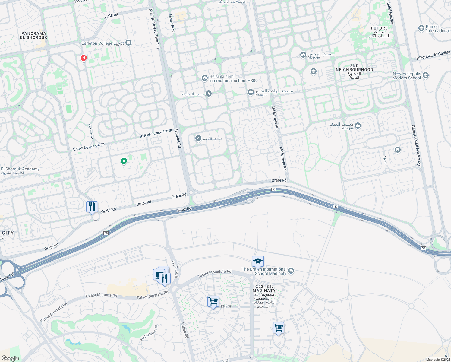 map of restaurants, bars, coffee shops, grocery stores, and more near in الشروق